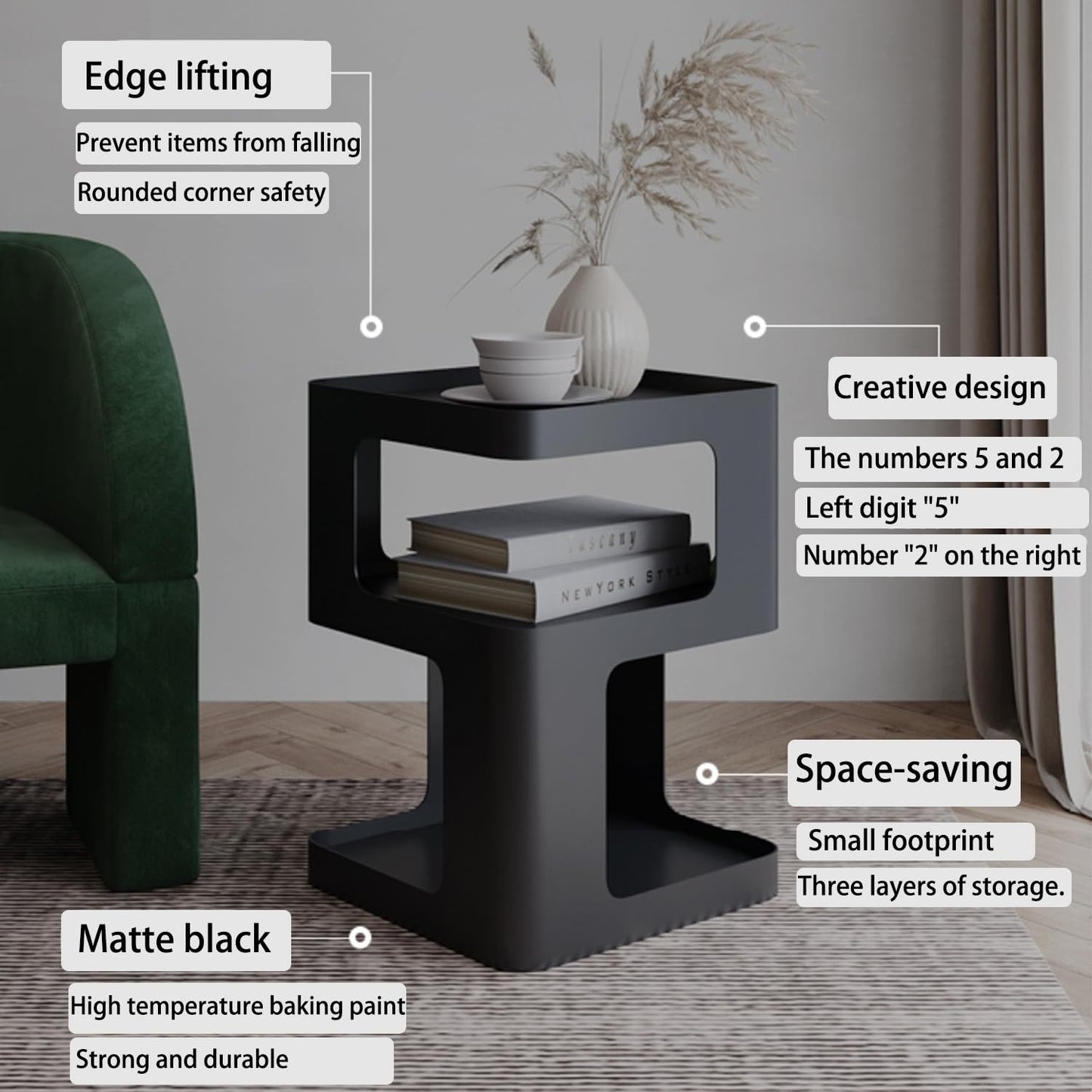 BUZUEY side table,modern end table with storage,black metal bedside table,unique nightstand,accent side table for Living Room Bedroom,no assembly