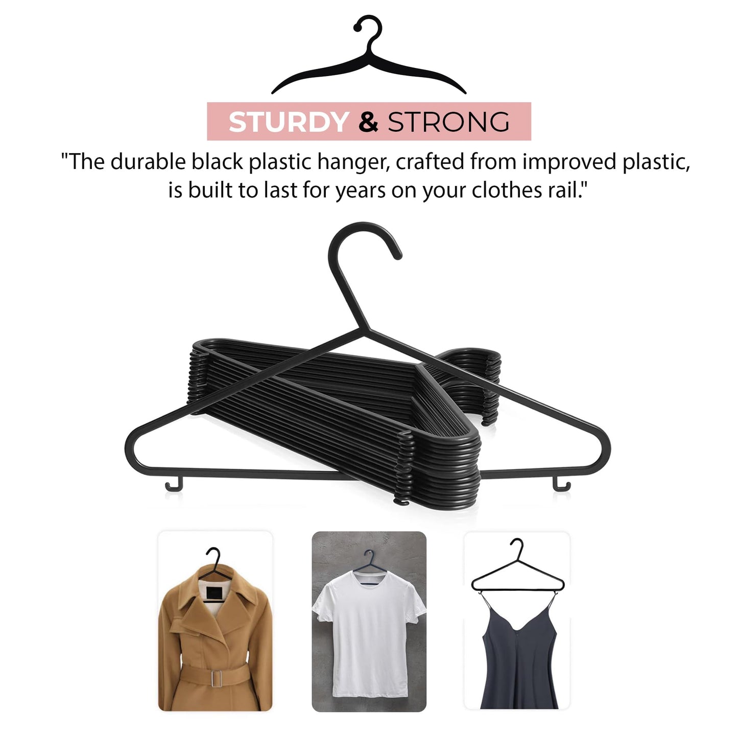 Roe Tenpo Coat Hangers, 50 Pack, Black | Adult Plastic Clothes Hangers for Clothes | Durable & Lightweight | Non-Slip, Space-Saving Design for Shirts