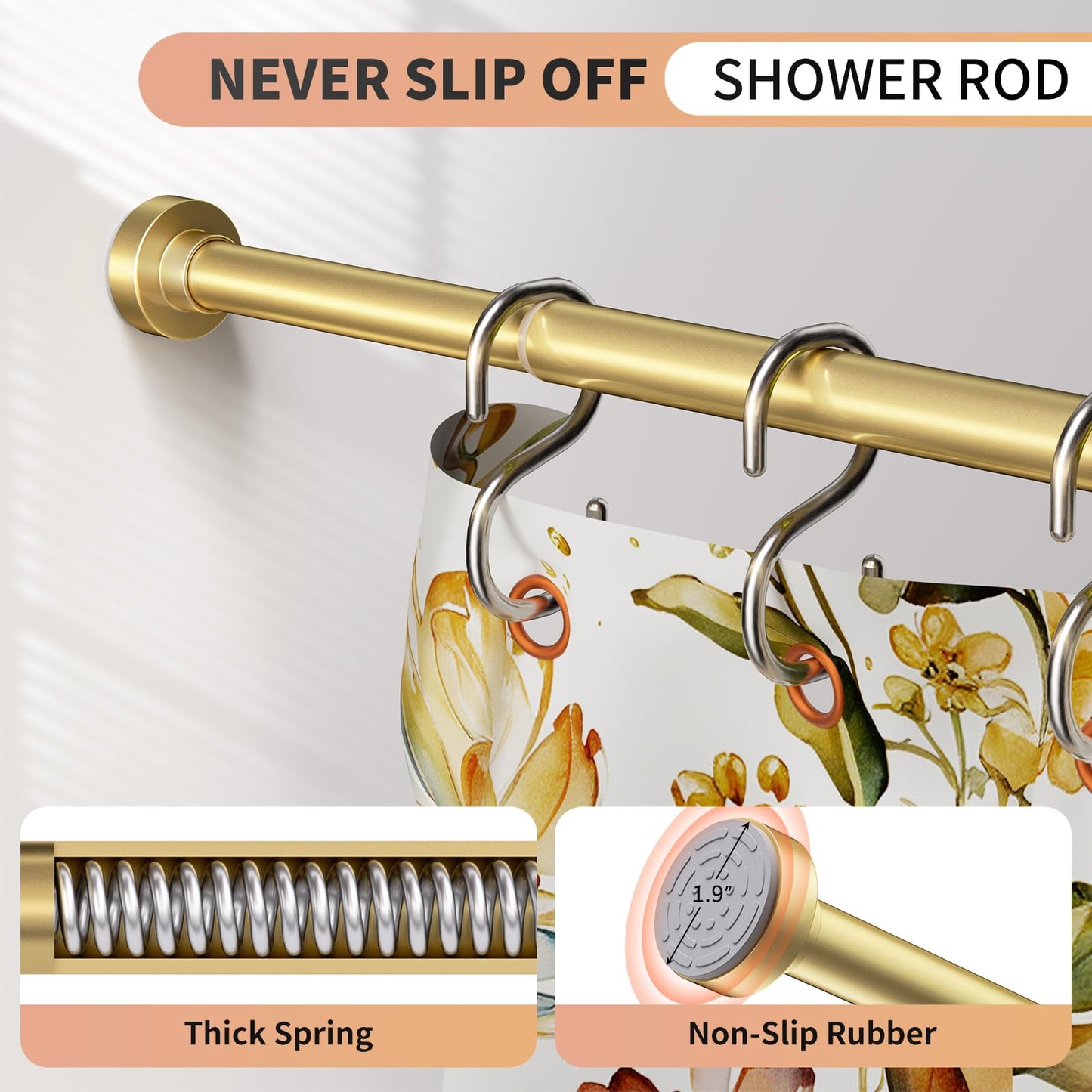 Emlaoe Gold Shower Curtain Rod 34-66 Inches(2.8-5.5ft) Never Rust Adjustable Shower Rod Spring Tension Non Slip No Drilling Shower Rods for Bathroom