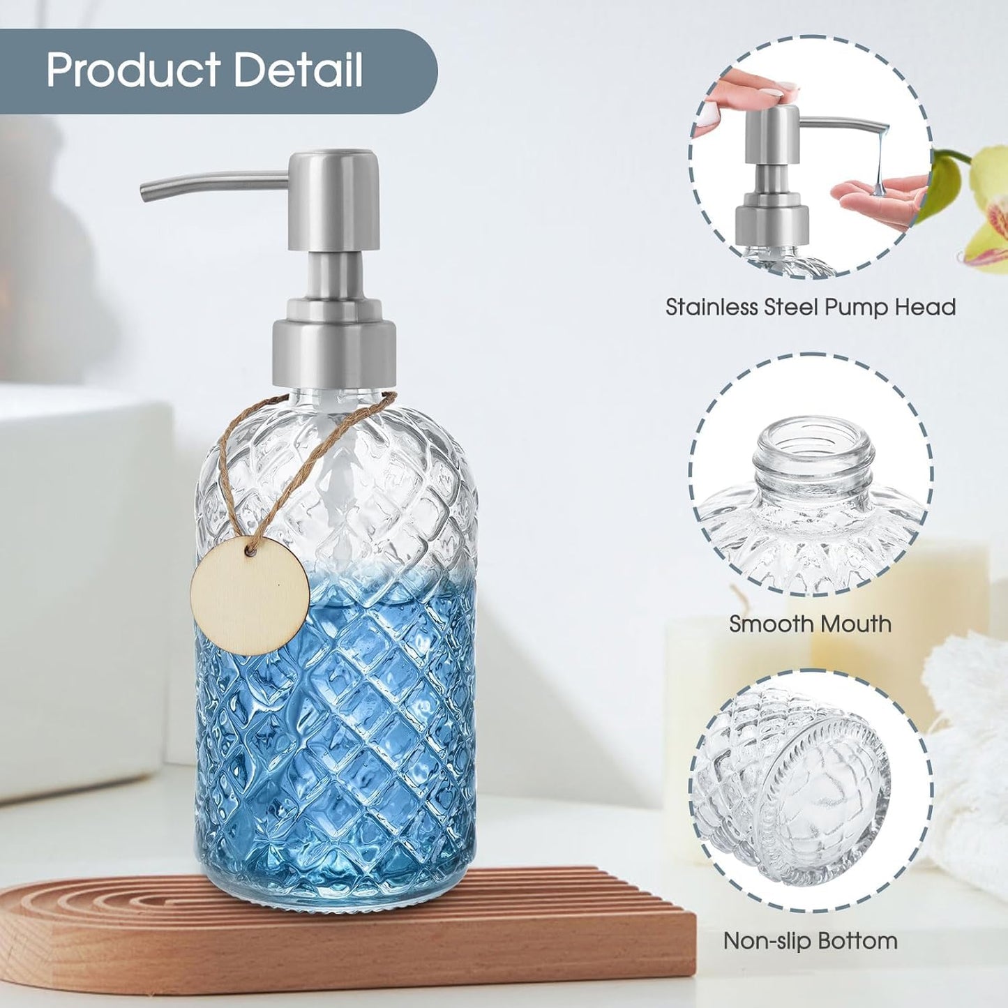 Topsky Glass Soap Dispenser with Silver Metal Pump 400ml Transparent
