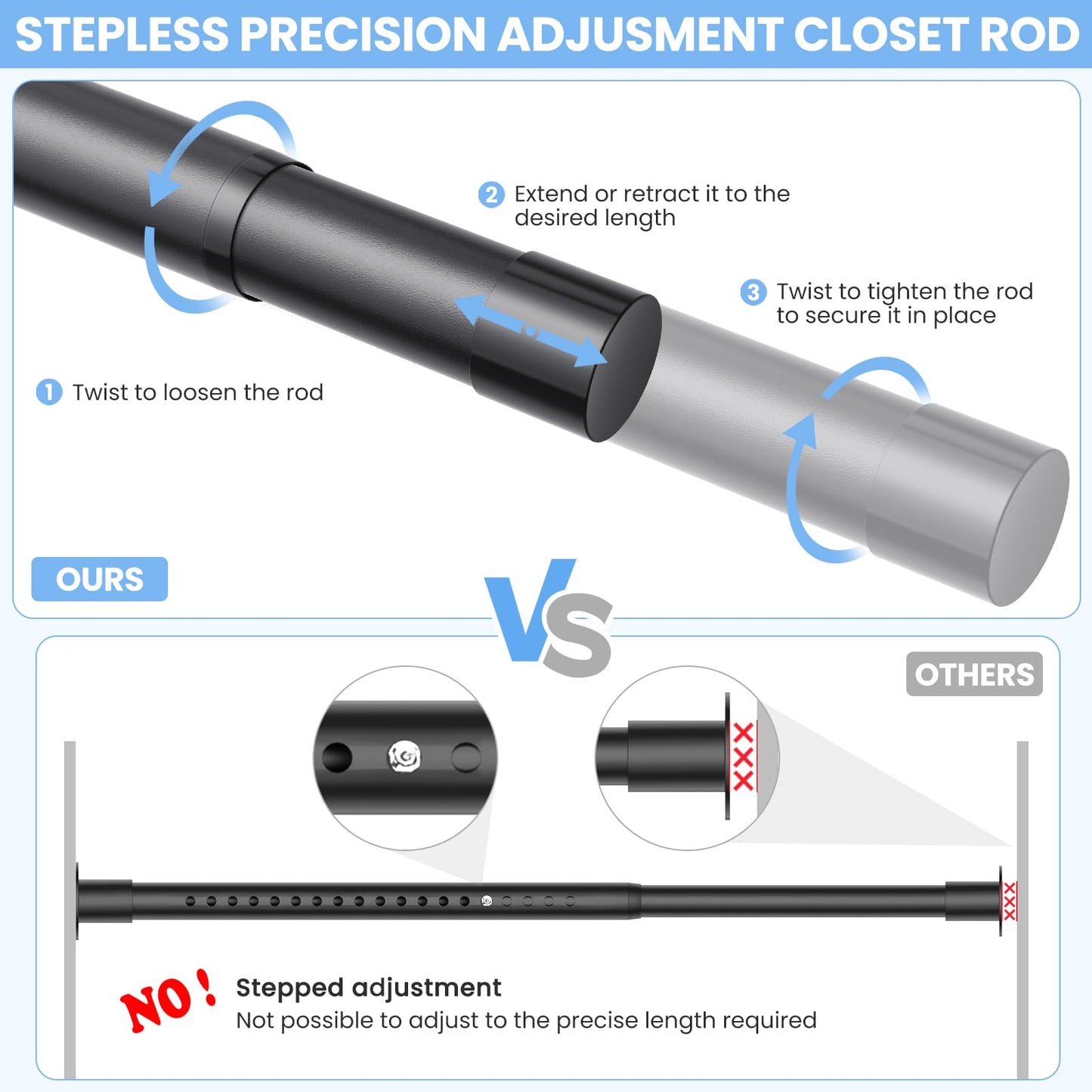 Ruiony Wardrobe Rail, 43 to 173 CM Heavy-Duty Stepless Adjustable Wardrobe Hanging Rail, 3.3 CM Diameter Metal Wardrobe Pole for Wardrobes