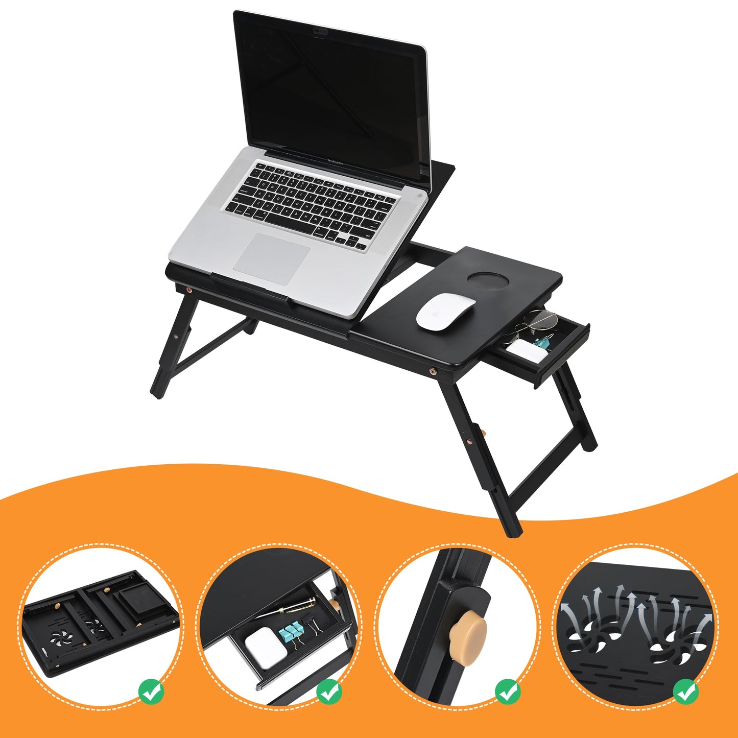 VASMIA Laptop Table,Laptop Desk for Bed with Adjustable Angle and Height,Bamboo Folding Desk for Working Reading and Breakfast,Black