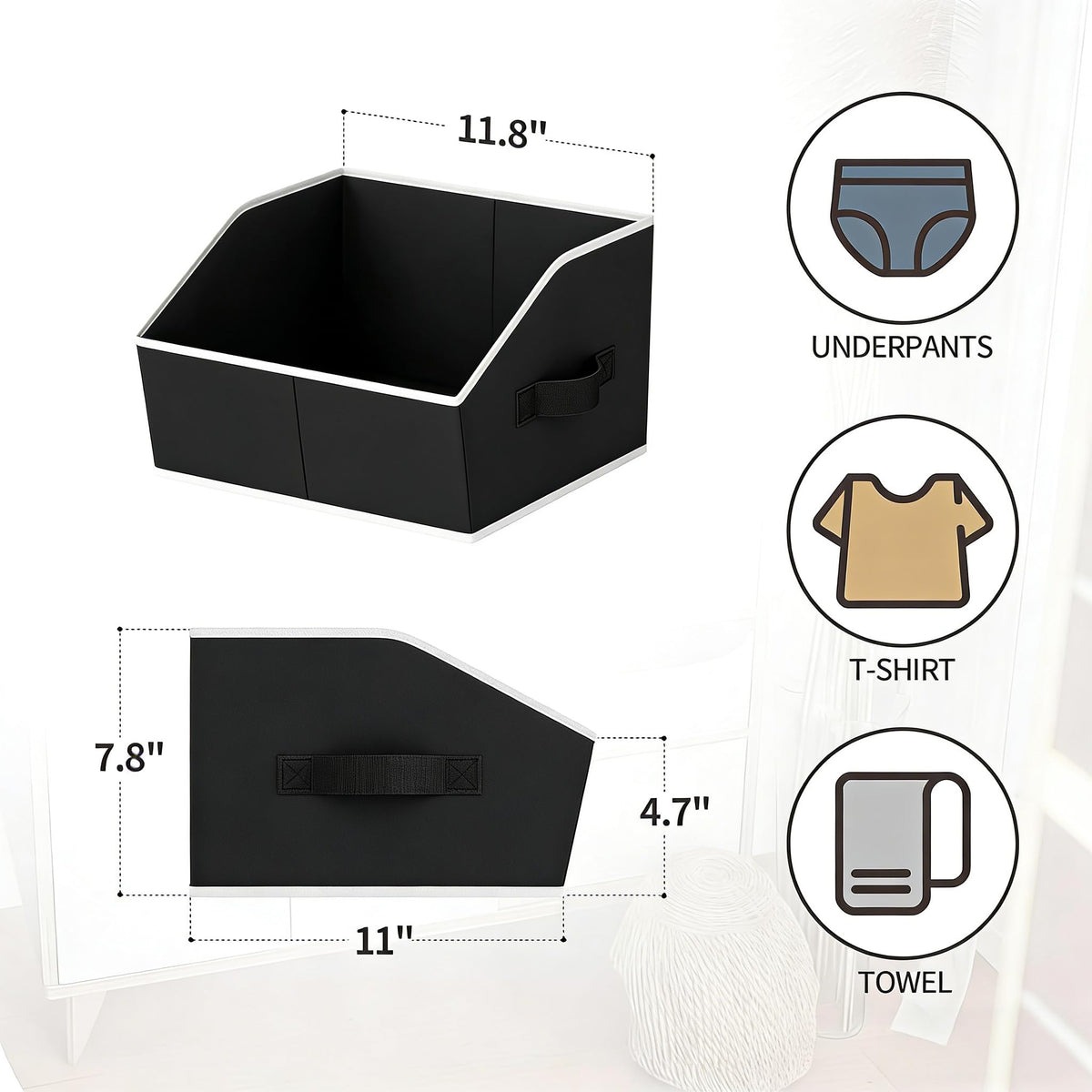 Homsorout Fabric Storage Box - 8 Pack Sloped Front Wardrobe Organiser Black