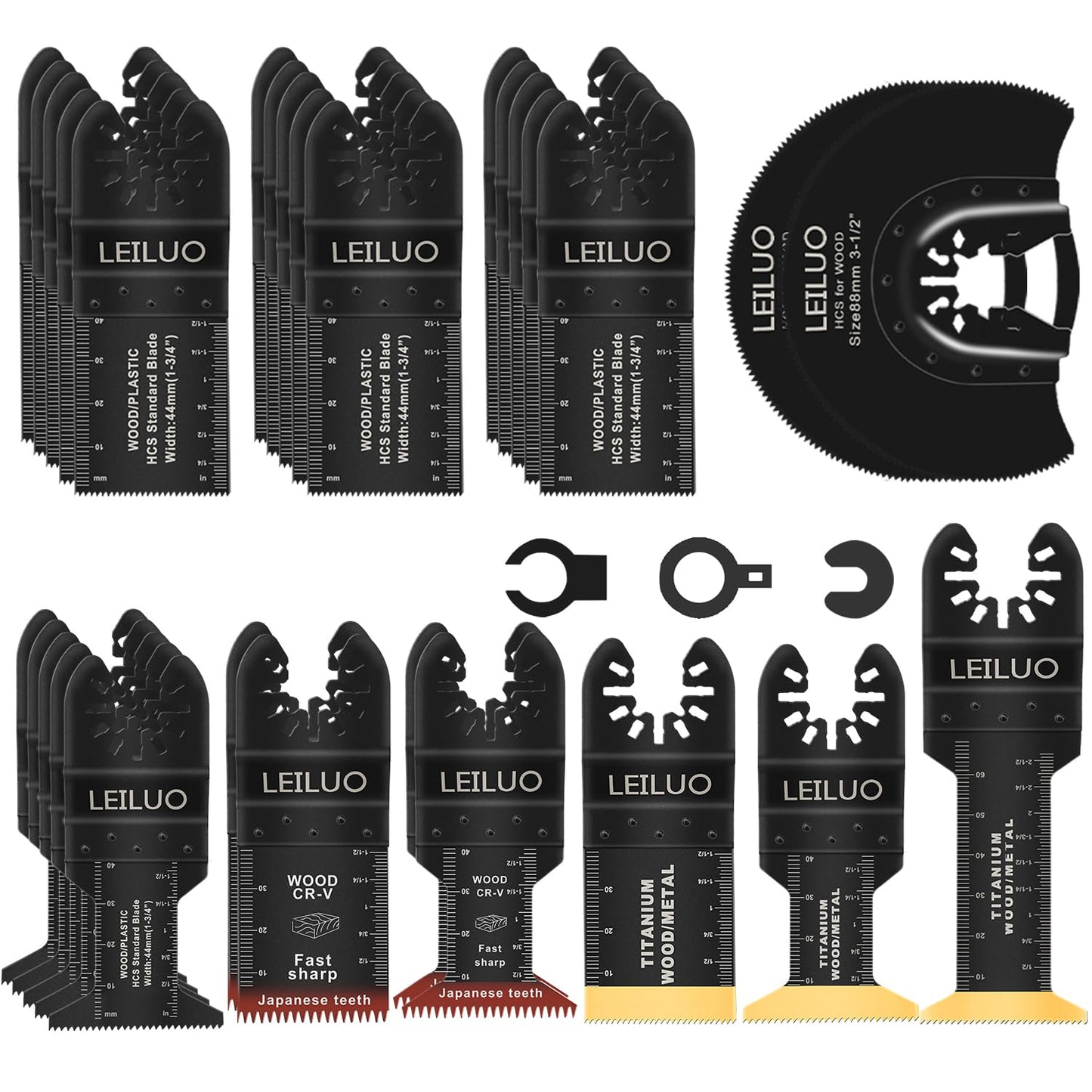LEILUO 32 Pcs Titanium Multitool Blade Kits for Wood Nails Drywall Japanese Tooth Multi Tool Blades Universal Oscillating Saw Accessories with Storage