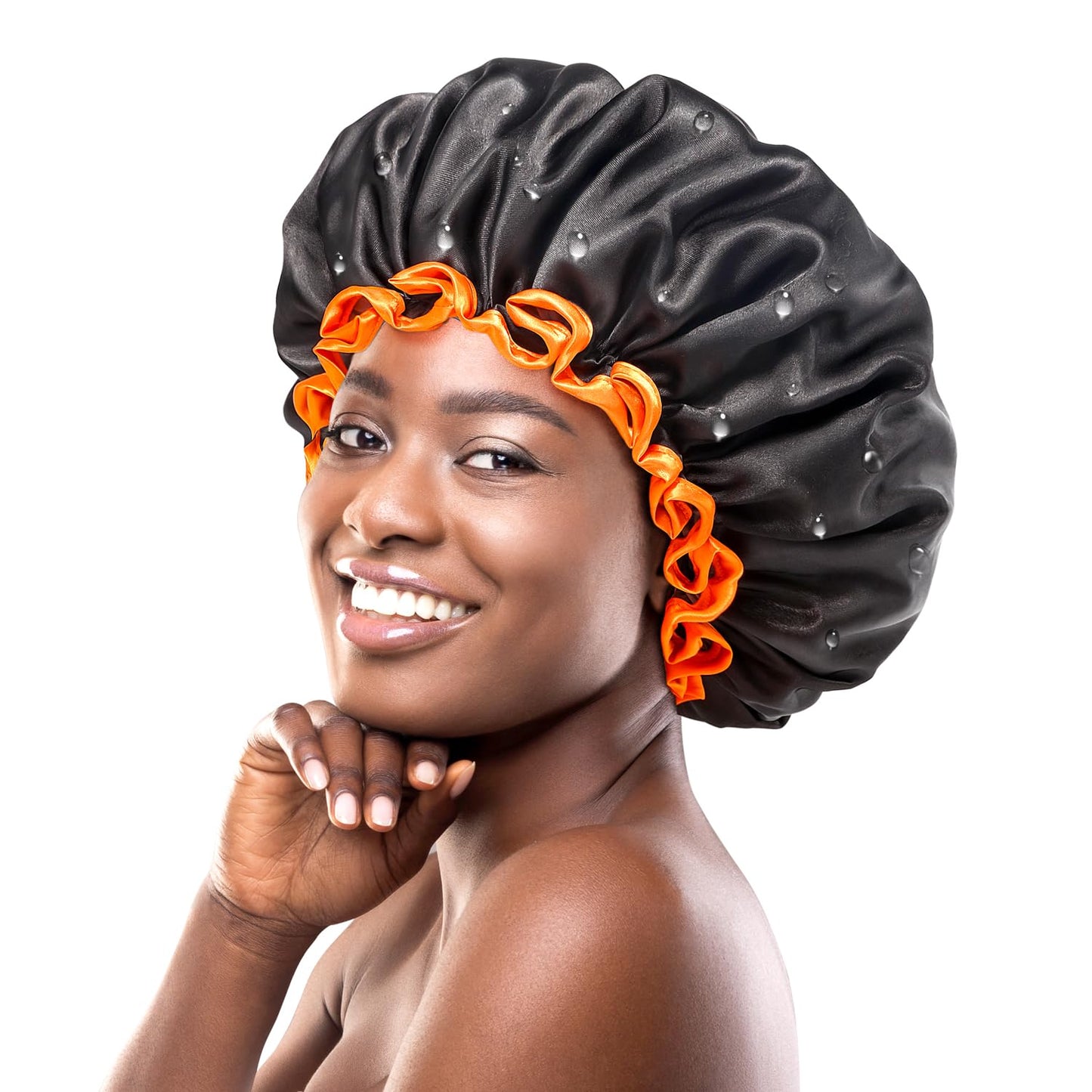 mikimini Black Large Shower Cap for Women Long Hair, Reusable Waterproof Shower Hats for Men, Double Layer Washable Bath Cap for Thick Curly Hair 2