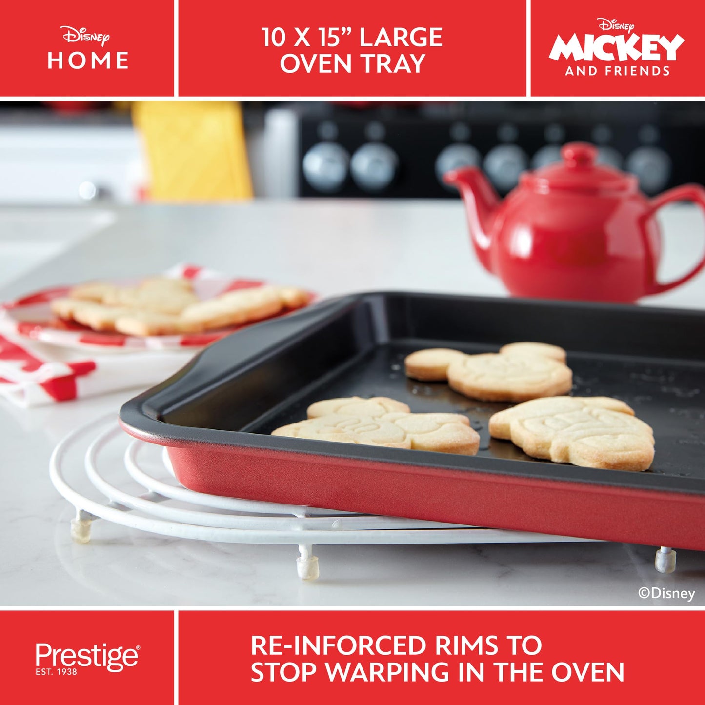 Prestige New Disney Bake with Mickey Mouse Bakeware Set with Non Stick Oven Tray 10" x 15", Cookie Cutter Set of 4 and Silicone Rolling Pin 45cm, Red"