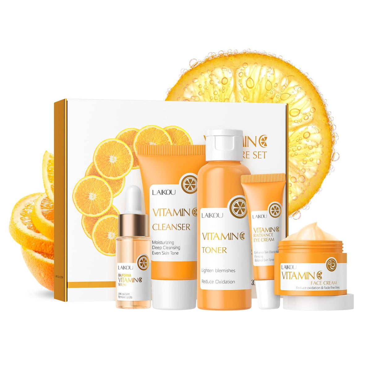 LAIKOU Skincare Set, Vitamin C Serum for Face Skin Care Sets & Kits - Cleanser, Toner, Serum, Eye Cream & Face Cream, Facial Care Kit for Radiant