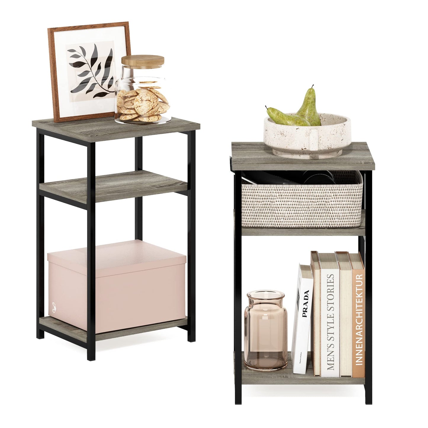 Furinno JUST Side Table Set of 2, 3-Tier Modern Metal Frame End Table with Open Shelf, Night Stand, Bedside Table, Easy Assembly,for Living Room