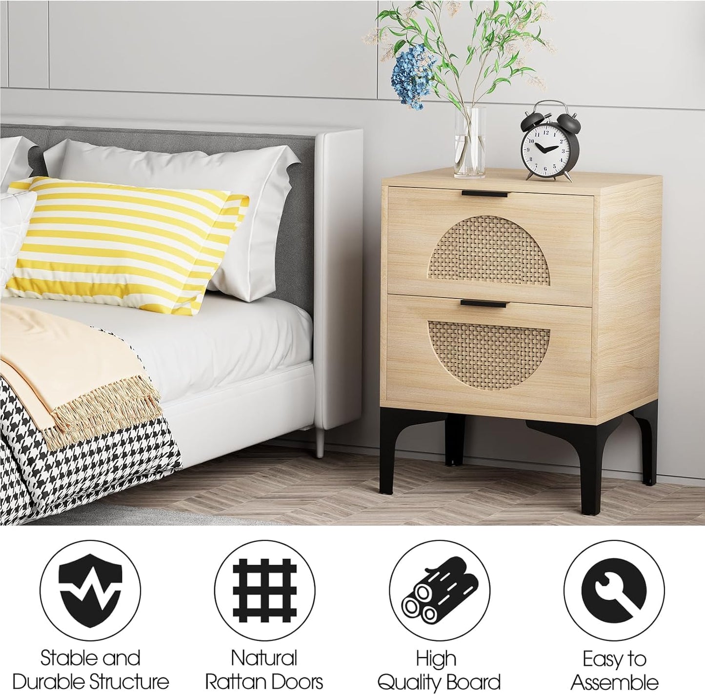 Garden 4 you Bedside Table, Nightstand, Bed Side Table with Wood Decorated Drawers, Modern Bedside Cabinet, Bedroom End Table with Storage