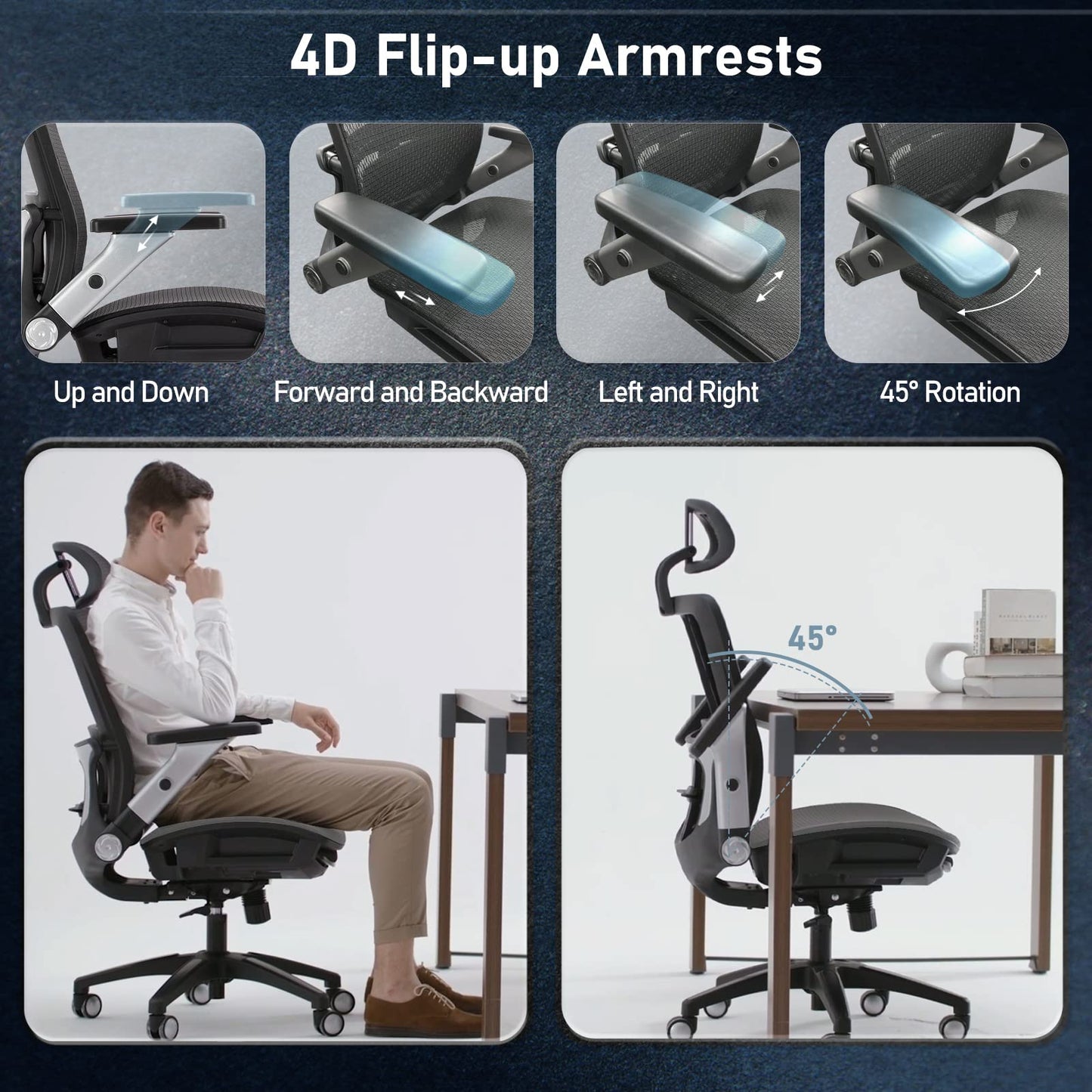 COLAMY Ergonomic Mesh Office Chair with Footrest, High Back Computer Chair with Lumbar Support, 4D Flip-up Armrests, Adjustable Headrest, Tilt Lock