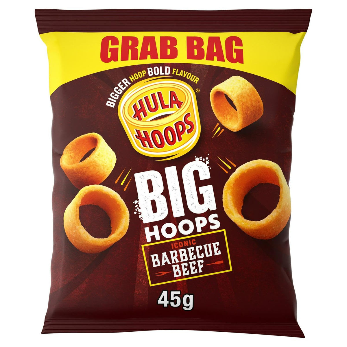 Hula Hoops BIG HOOPS BBQ BEEF Grab Bag Crisps 45g Bags, Case of 36 - Bigger Hoop, bold flavour. Bigger than standard sized Hula Hoops, No Artificial