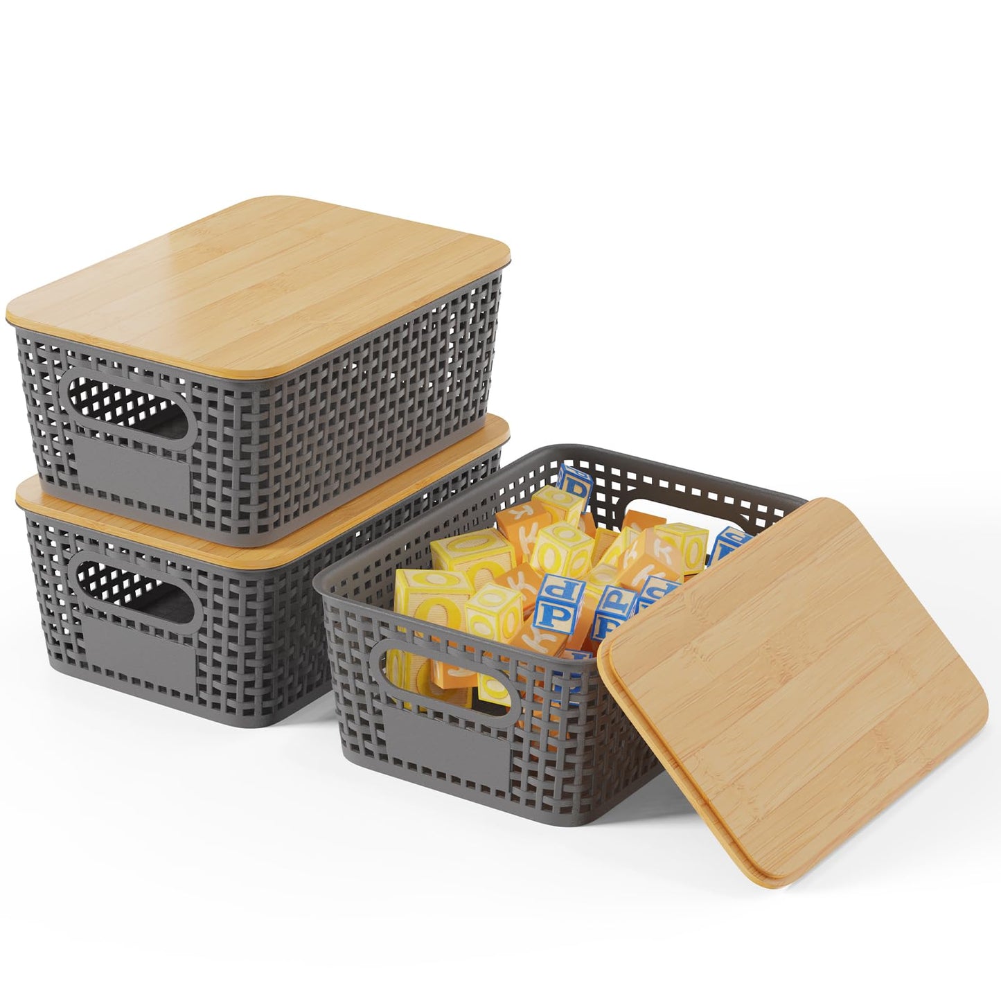 Shrivee Set of 3 Storage Boxes with Bamboo Lid, 5 L Storage Basket, Plastic Basket Storage, Kitchen Storage Boxes for Shelves, Cupboards