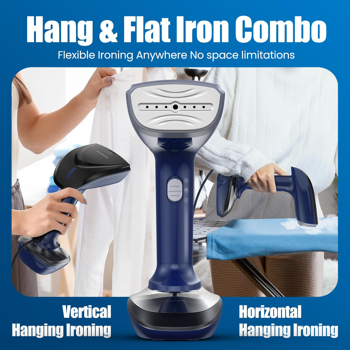 Powerful Handheld Fabric Steamer - 1800W with Fast Ceramic Heat-Up Plate, 2-in-1 Ironing & Wrinkle Remover, Steam Nozzle, Lint Brush - Blue, 220V