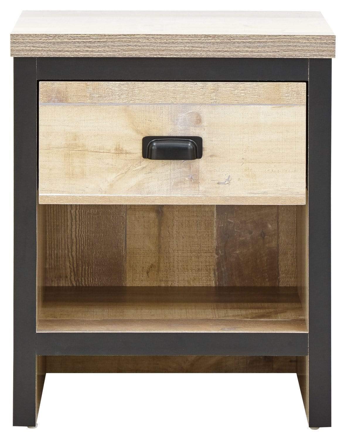 GFW Boston Lamp Table with Drawer, Industrial Side Table with Black Metal Handle, Oak Effect Finish and Contrasting Frame, Living Room End Table
