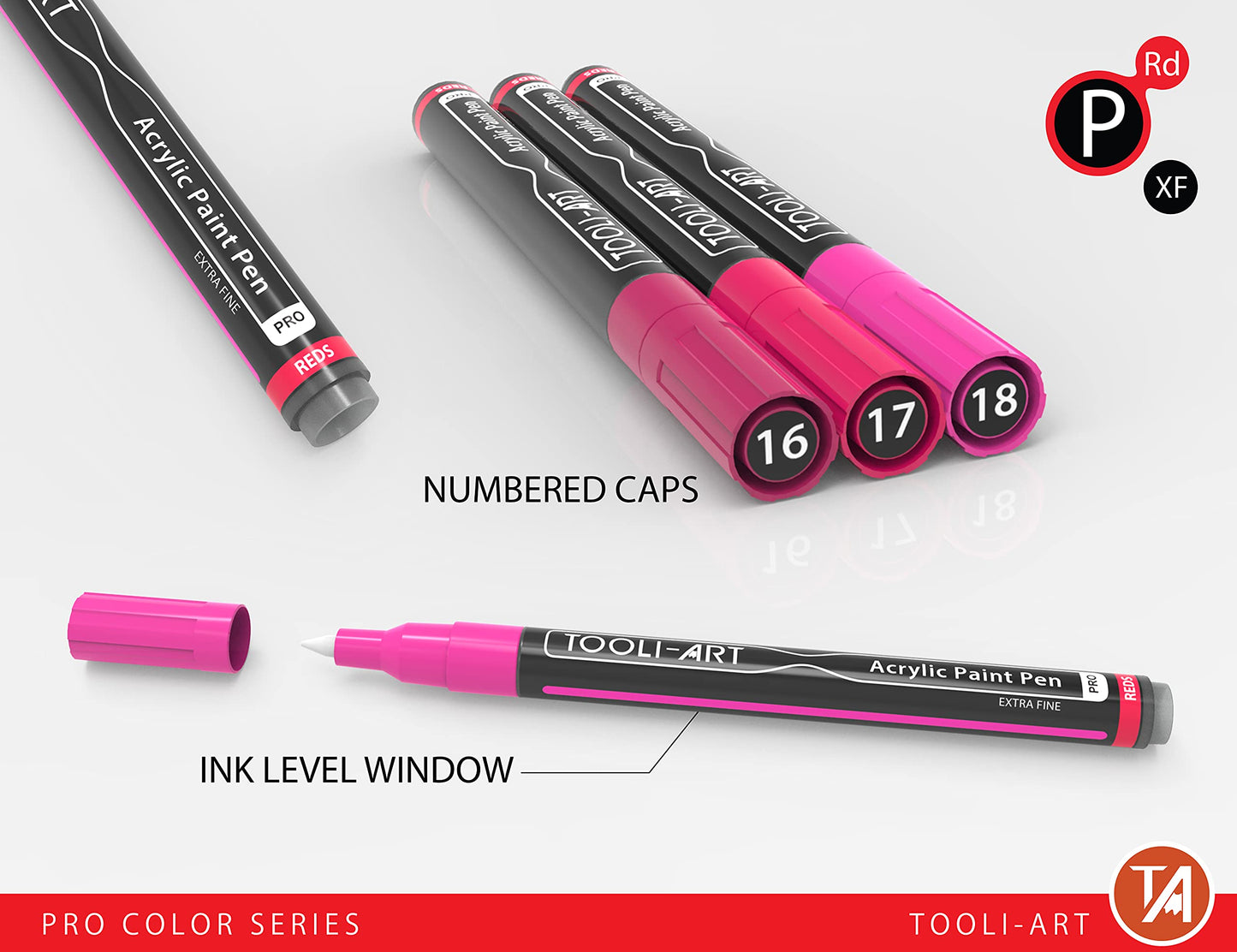 Acrylic Paint Pens 22 Red & Pink Tones Assorted Pro Colour Series Markers Set 0.7mm Extra Fine Tip for Rock Painting, Glass, Mugs, Wood, Metal,