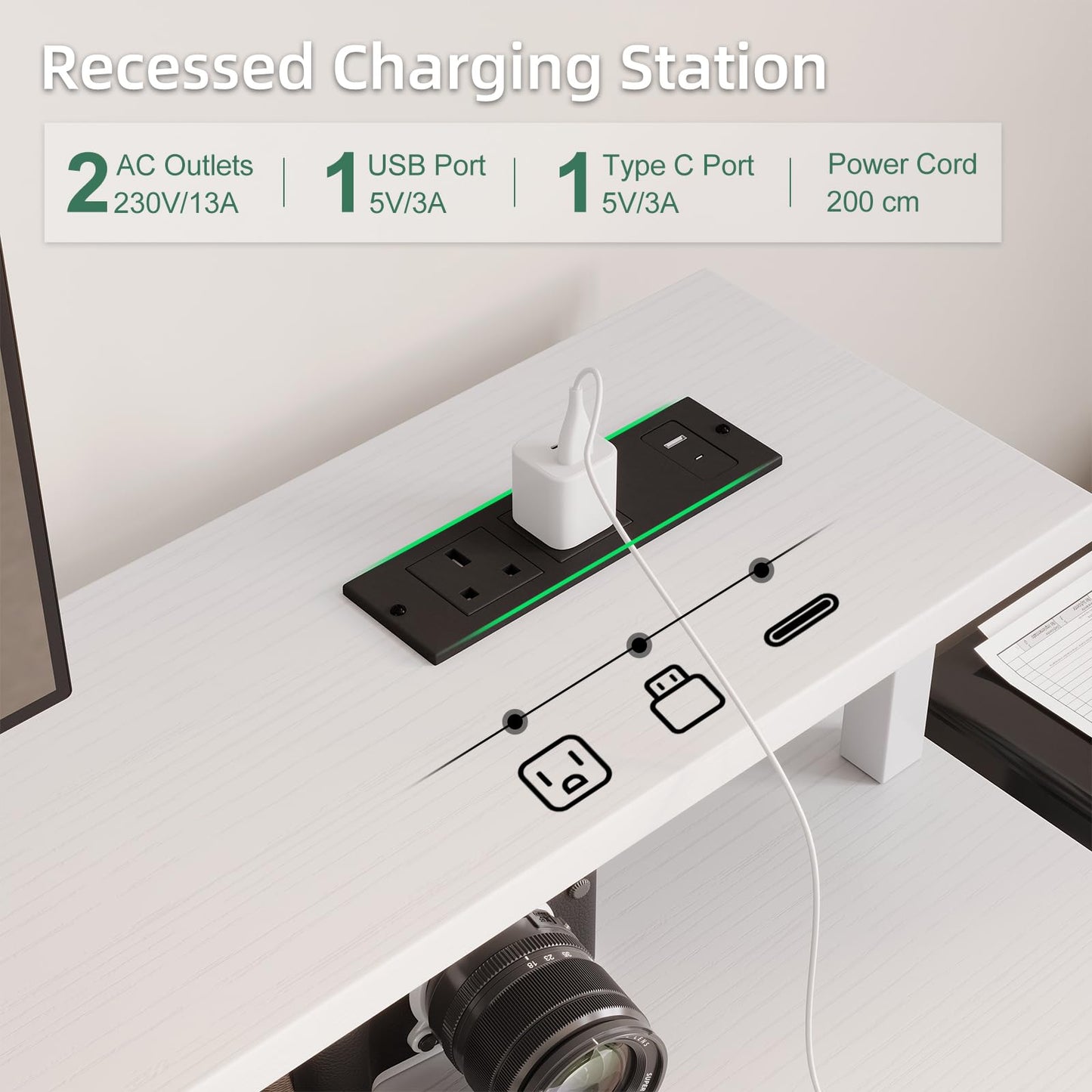 MUTUN 120cm Computer Desk with 4 Fabric Drawers, Home Office Desk with Power Outlets & USB Type-C Port