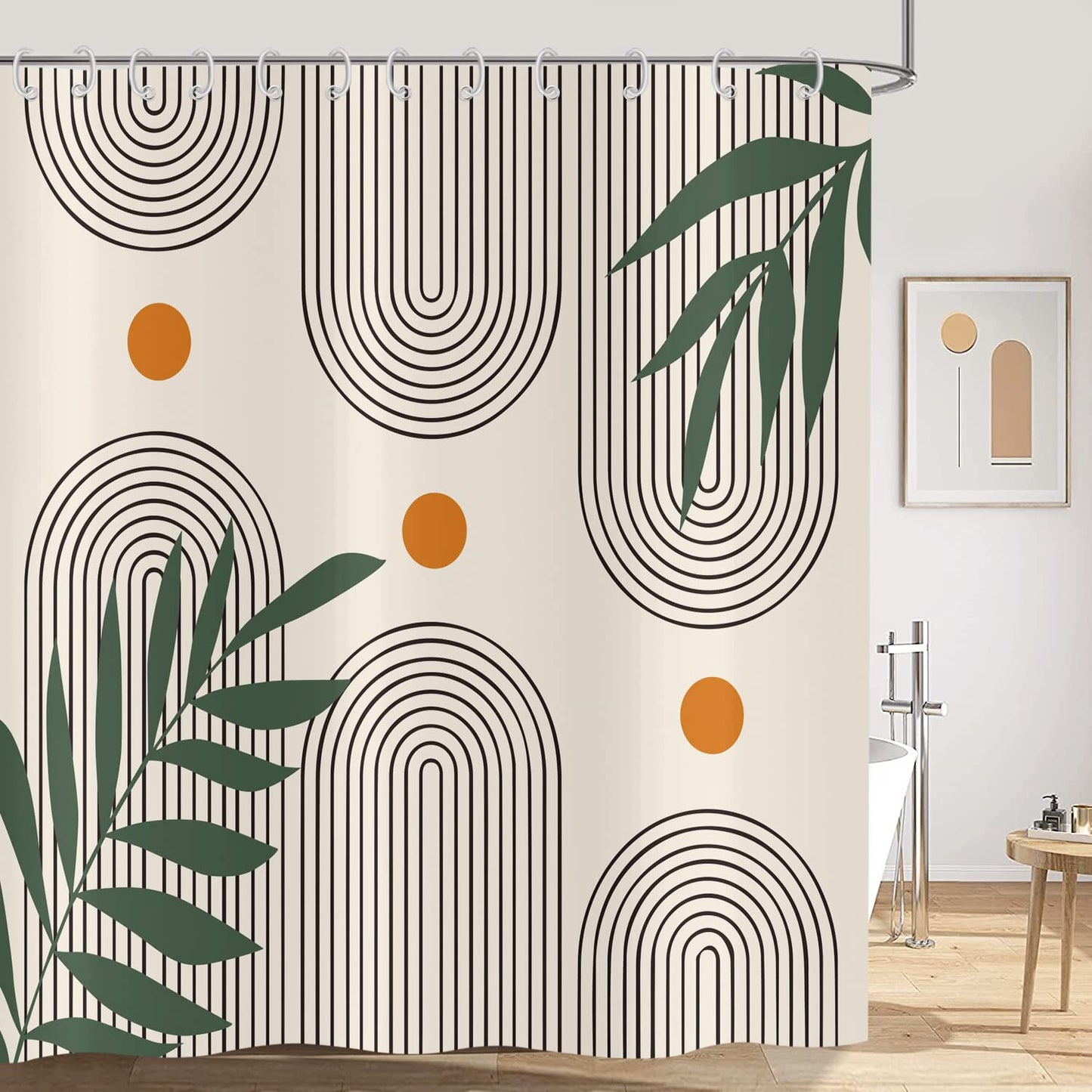 Hnmdmyi Boho Shower Curtain 180x180, Mid Century Abstract Green Leaf Arch Sun Bathroom Curtains Modern Minimalist Geometric Aesthetic Art Waterproof