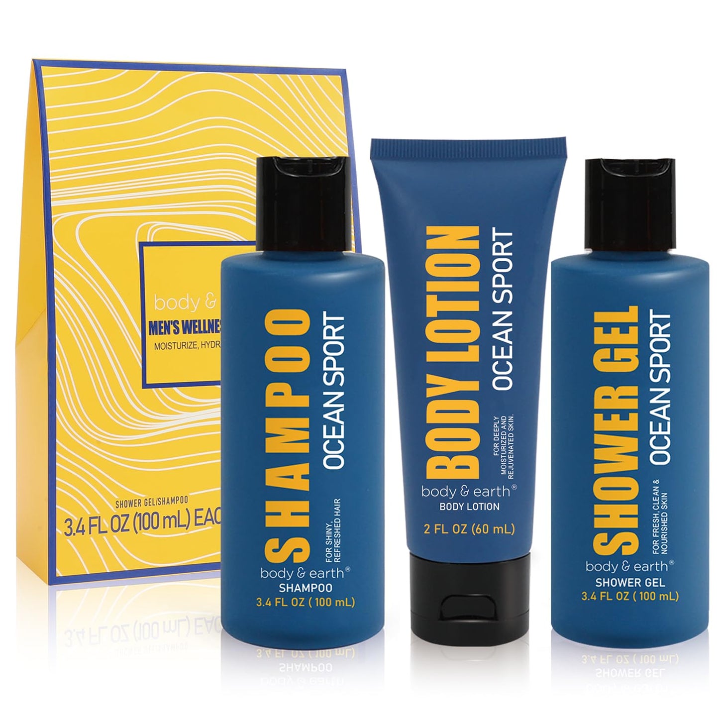 BODY & EARTH Men's Skincare Gift Set, 3Pcs Spa Gifts for Him, Ocean Scented Shampoo, Body Lotion, Wash Bag, Perfect for Fathers Day, Birthday,