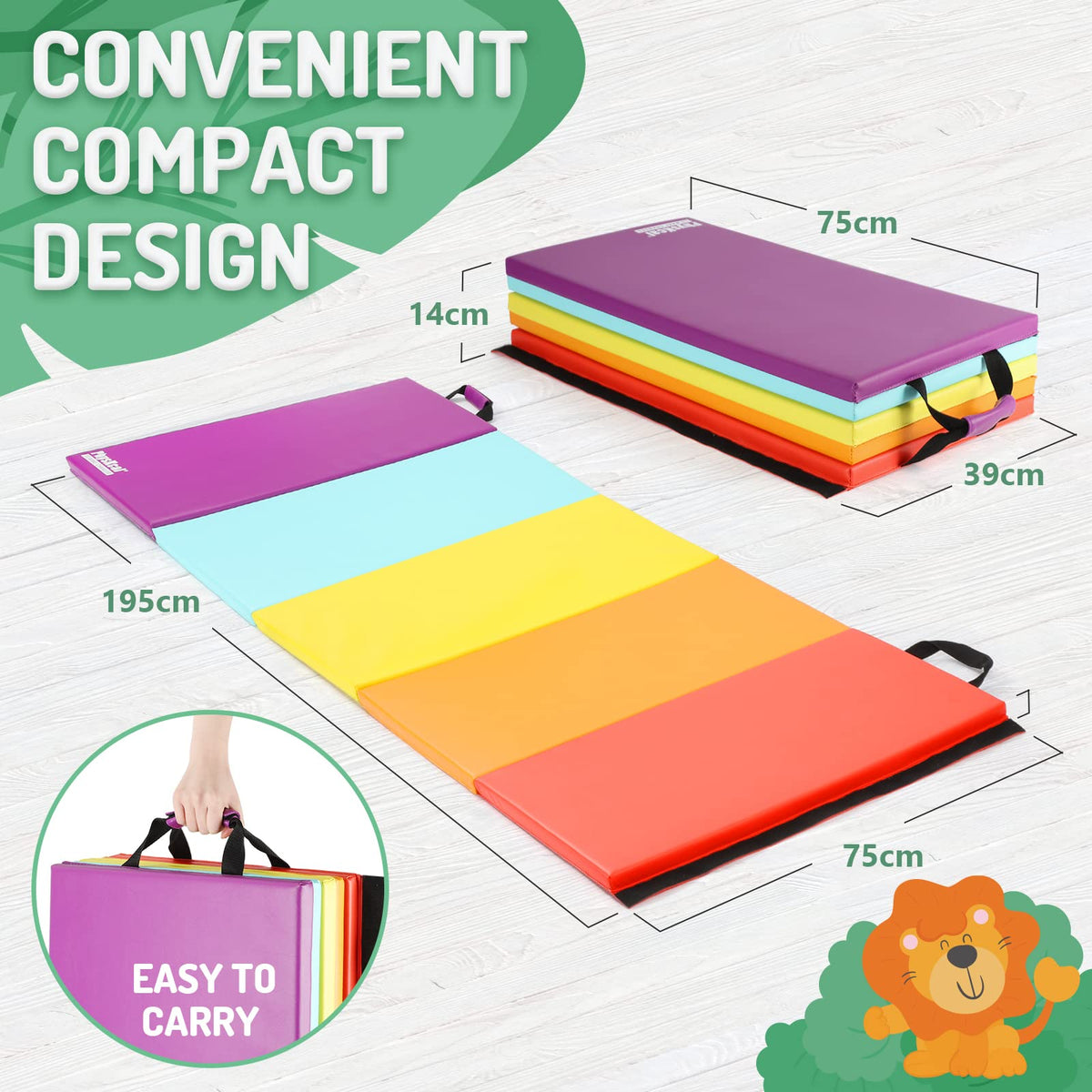 PhysKcal 5-Panel Folding Gymnastics Tumbling Mat with Carrying Handles, Thick Exercise Mat, Foldable for Kids, Padding MMA, Gymnastics, Activity Play