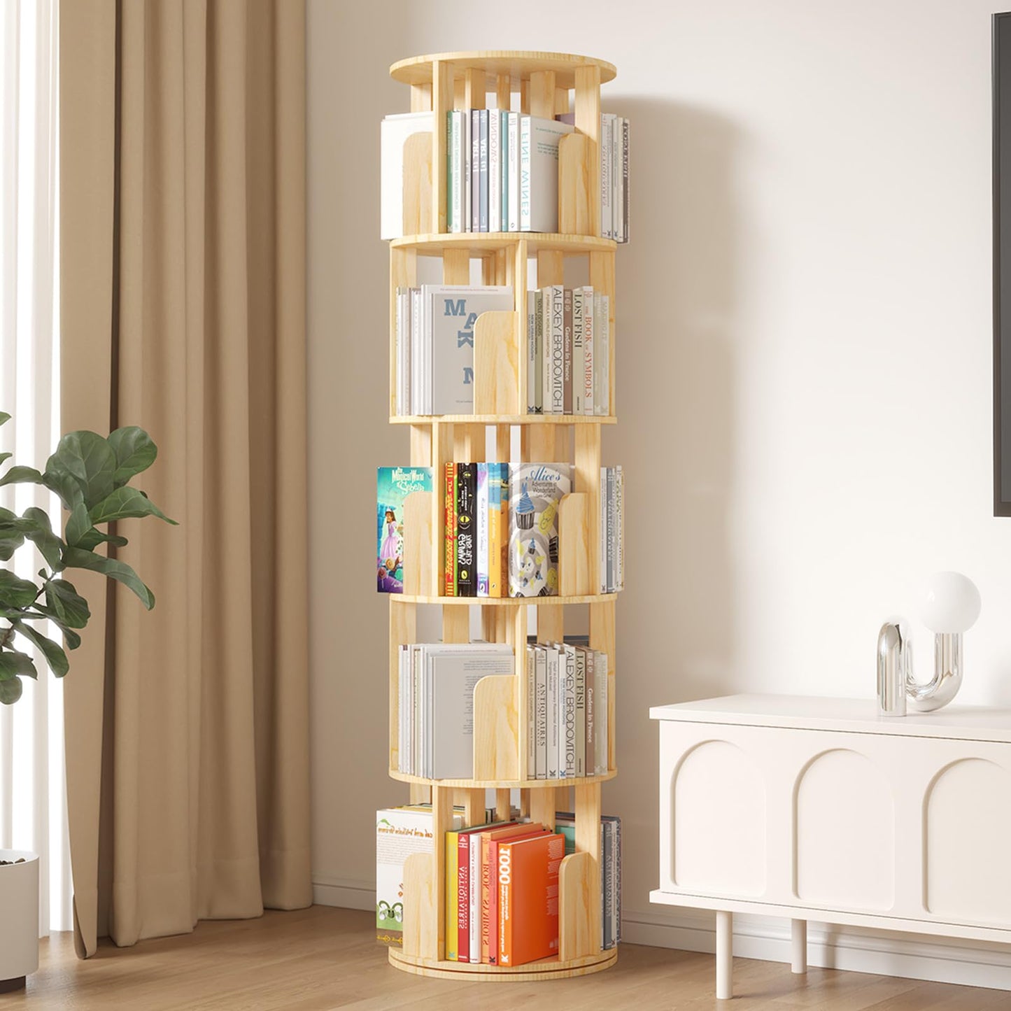 YGYQZ Rotating Bookshelf, 5 Tier Floor Standing Bookcase Wood 360 Display Narrow Book Shelf Organizer for Kids & Adult Storage Rack for Bedroom