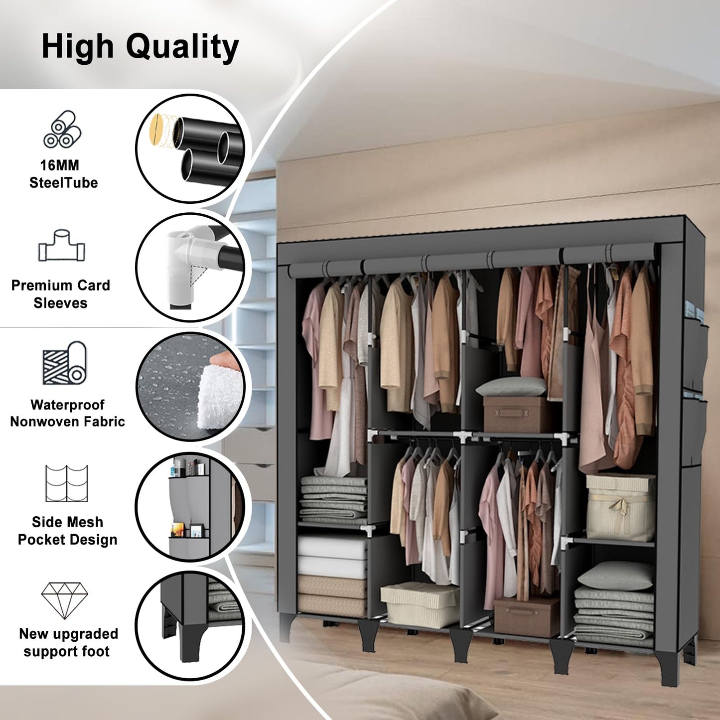 OPPAIYA Extra Large Canvas Wardrobe with 6 Hanging Rails, Portable Fabric Bedroom Wardrobes with 8 Shelves & 8 Side Pockets