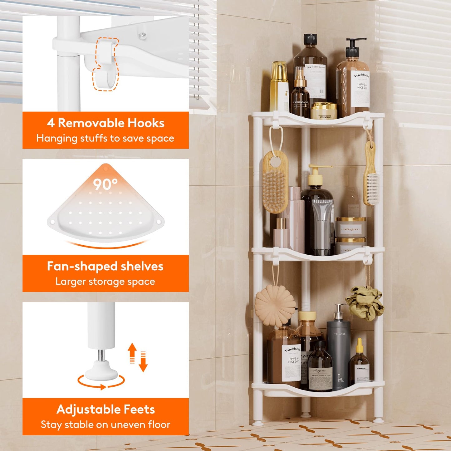 Lifewit 3 Tier Corner Floor Standing Shower Caddy Rack with Hooks, White