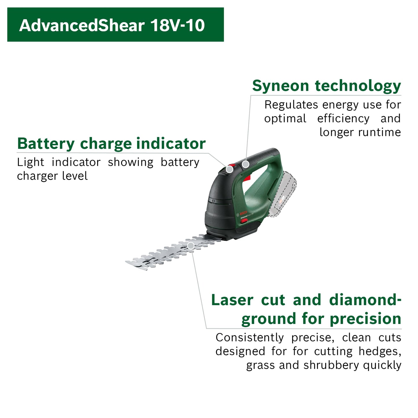 Bosch Cordless AdvancedShear 18V-10 (Without, 18 Volt System, cuts up to 85 m? per Battery Charge, with Shrub and Grass Shear Blades, in Carton