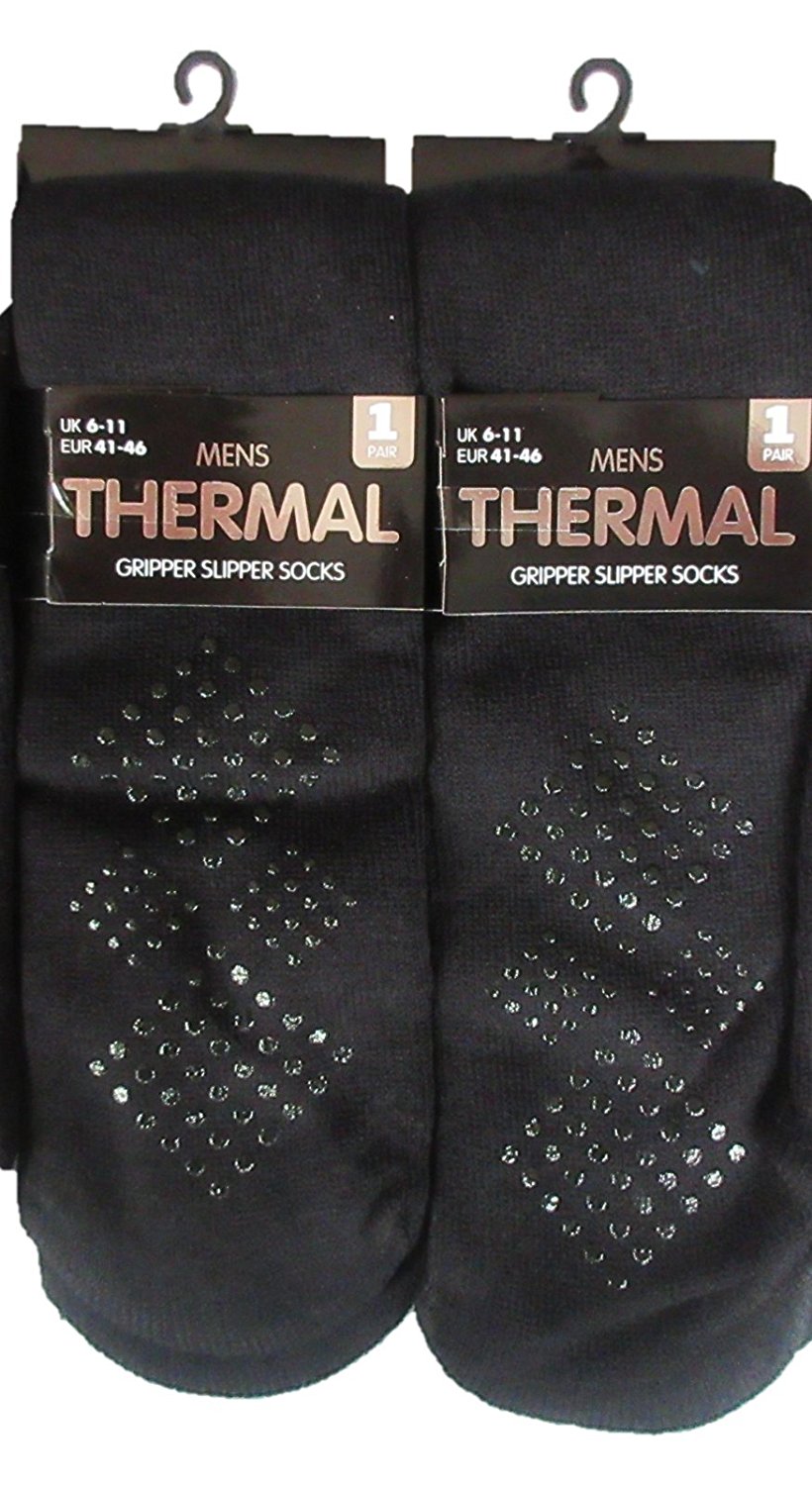Mens Gripper Slipper 2 Pairs Thermal Socks Non Slip Silicone Grip Winter WarmBLK