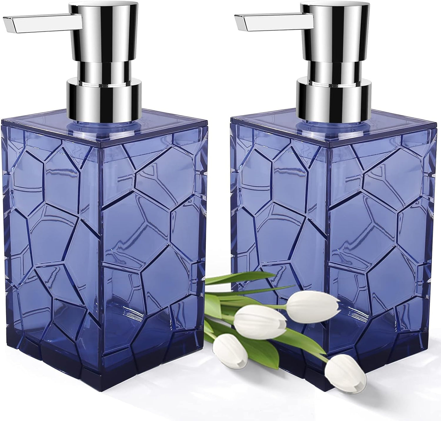 2 Pack Hand Soap Dispenser Set, Clear Acrylic Plastic Liquid Pump Bottles Refillable Lotion Dispenser for Bathroom Decor Kitchen College Dorm (Blue)