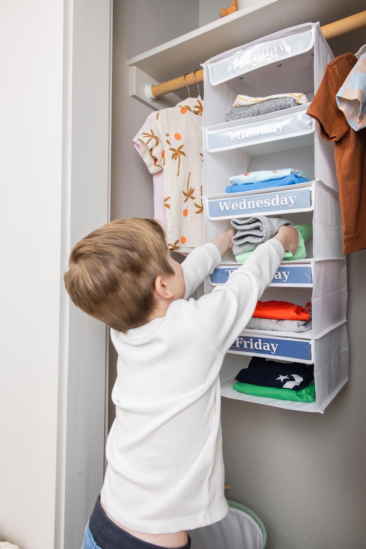 Three Sweet Peas Co 5-Shelf Weekly Clothes Organizer for Kids (33”) Weekday I School Day of The Week Monday Through Friday Organizer, White