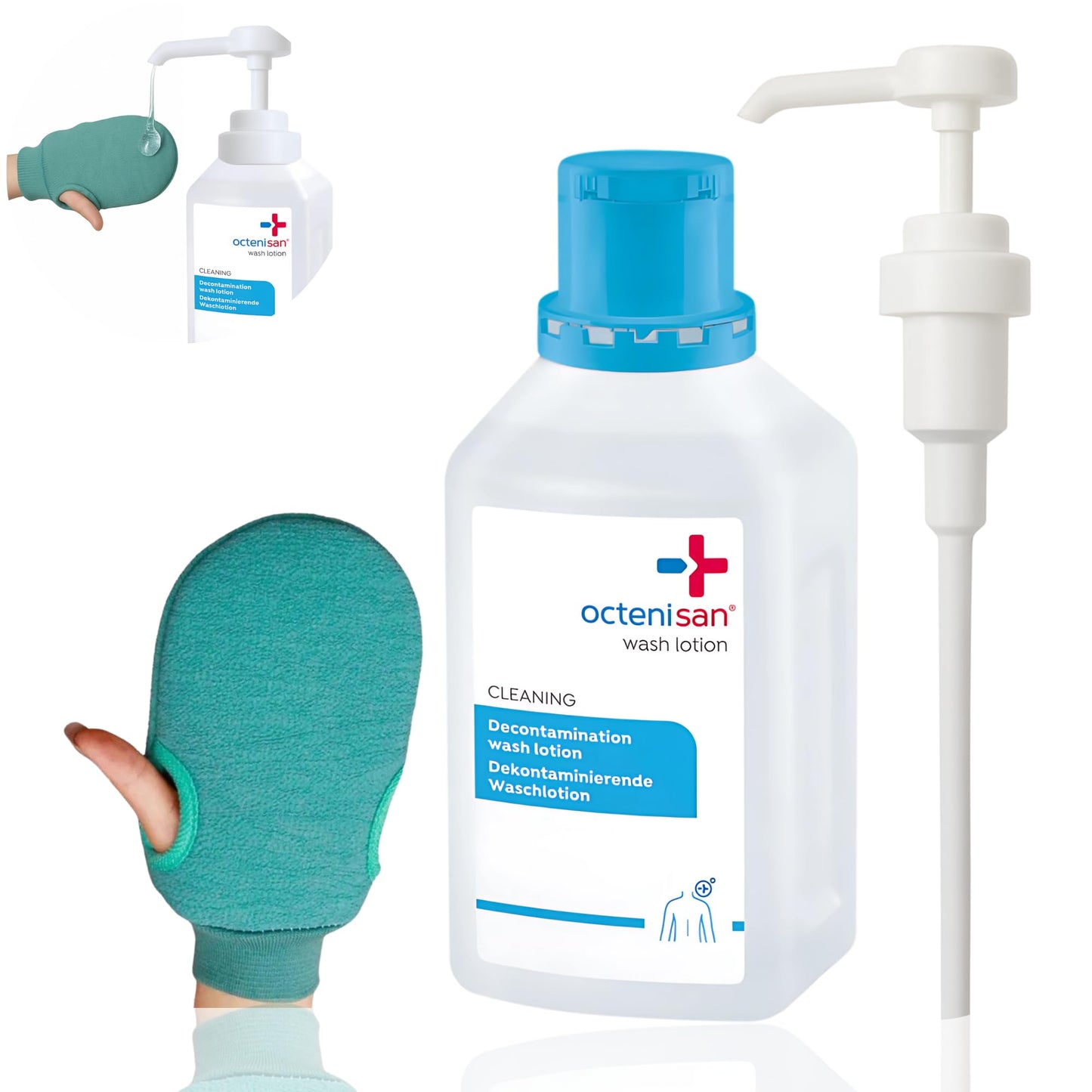 Complete Wash Kit ? Octenisan Antimicrobial Wash 500ml with Holou Pump compactible with Octenisan & Microfibre Bath Mit ? Antibacterial Body Wash for