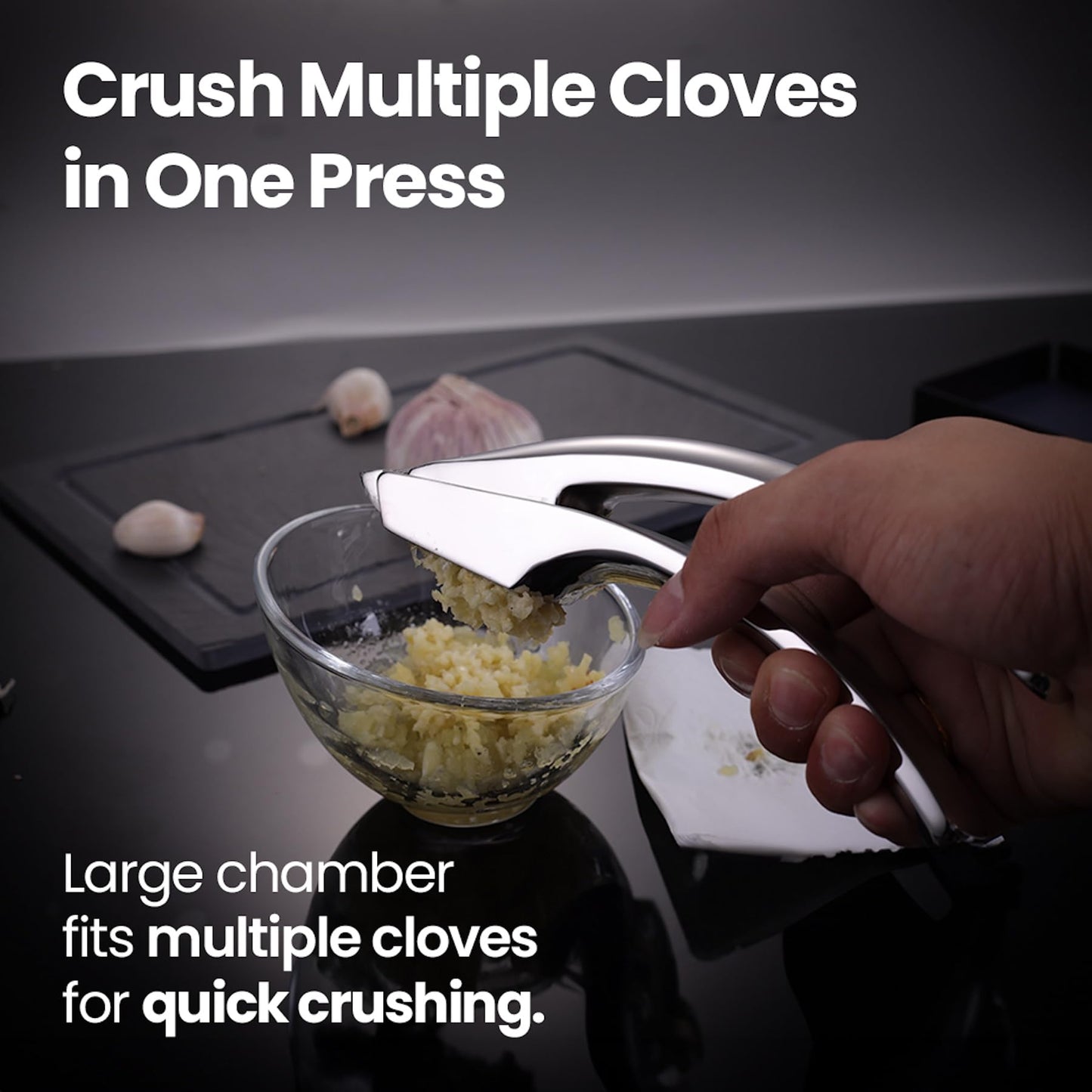 No Peeling Required Garlic Press Stainless Steel with Two Detachable Handles for Coarse & Fine Mincing - Premium Garlic Mincer Tool, Easy to Clean,