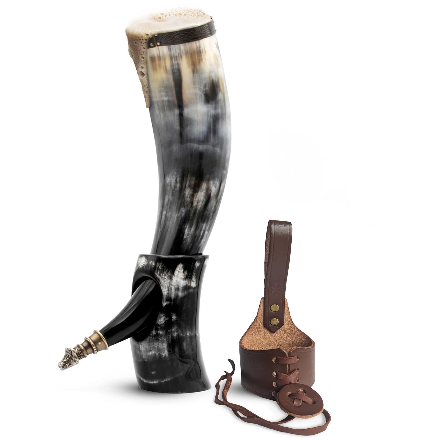 Norse Tradesman Genuine 50 cm Ox-Horn Viking Drinking Horn with Brown Leather Holster, Horn Stand & Brass Wolf Adornments | Burlap Gift Sack Included