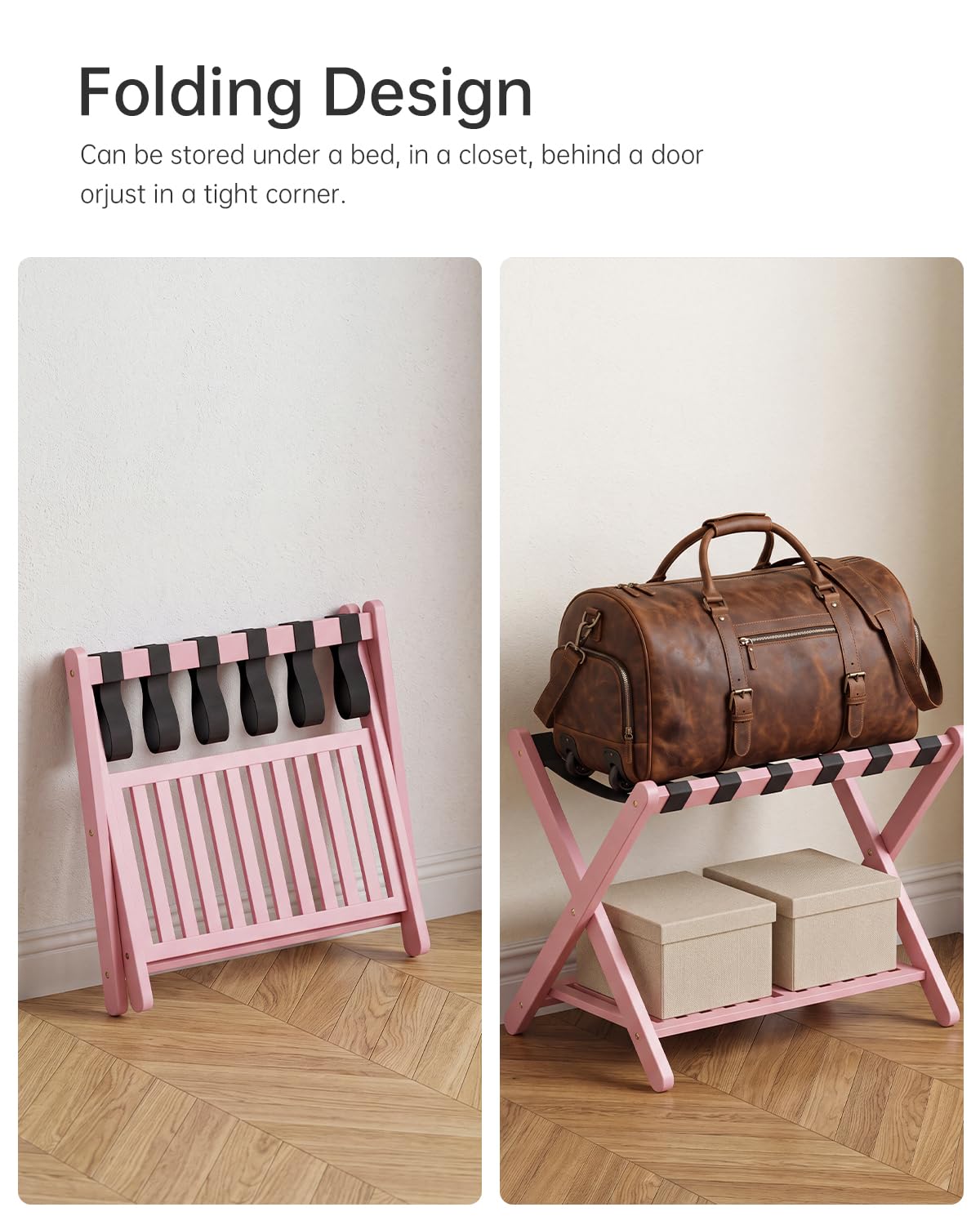 SMIBUY Luggage Rack, Set of 2, Foldable Bamboo Suitcase Stand with Storage Shelf for Guest Room, Bedroom, Hotel, Heavy-Duty (Pink)