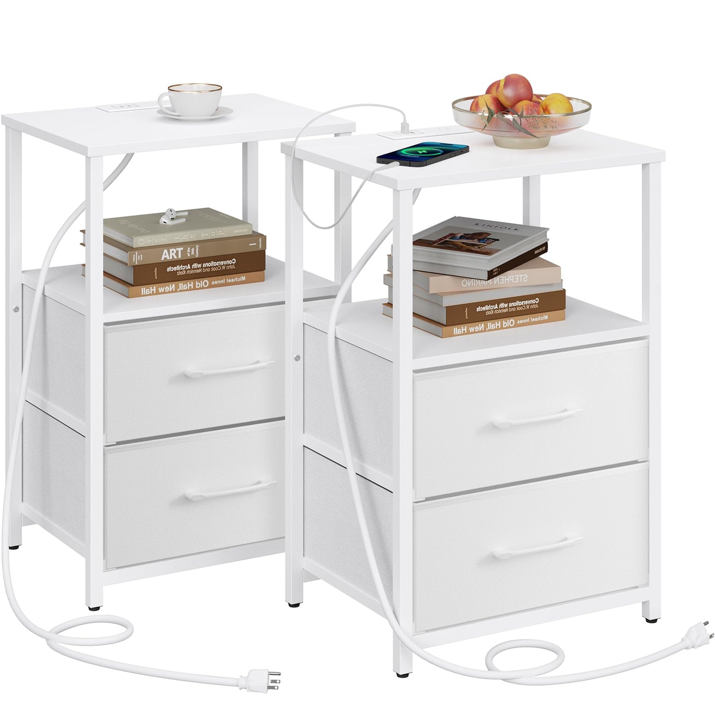 TUTOTAK Bedside Table with Charging Station, Side Table with 2 USB Ports and Outlets, Nightstand with Cloth Drawer, Set of 2, End Table
