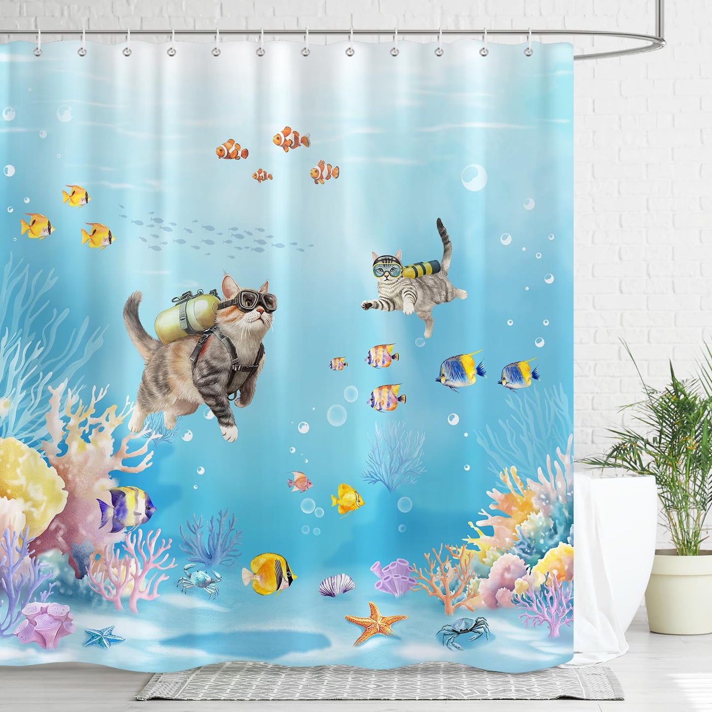 Dazzlewall Funny Cat Shower Curtain, Diving Cat Fish Coral Ocean Scenic Bathroom Curtain 180x180cm, Waterproof Mould Resistant Polyester Fabric With