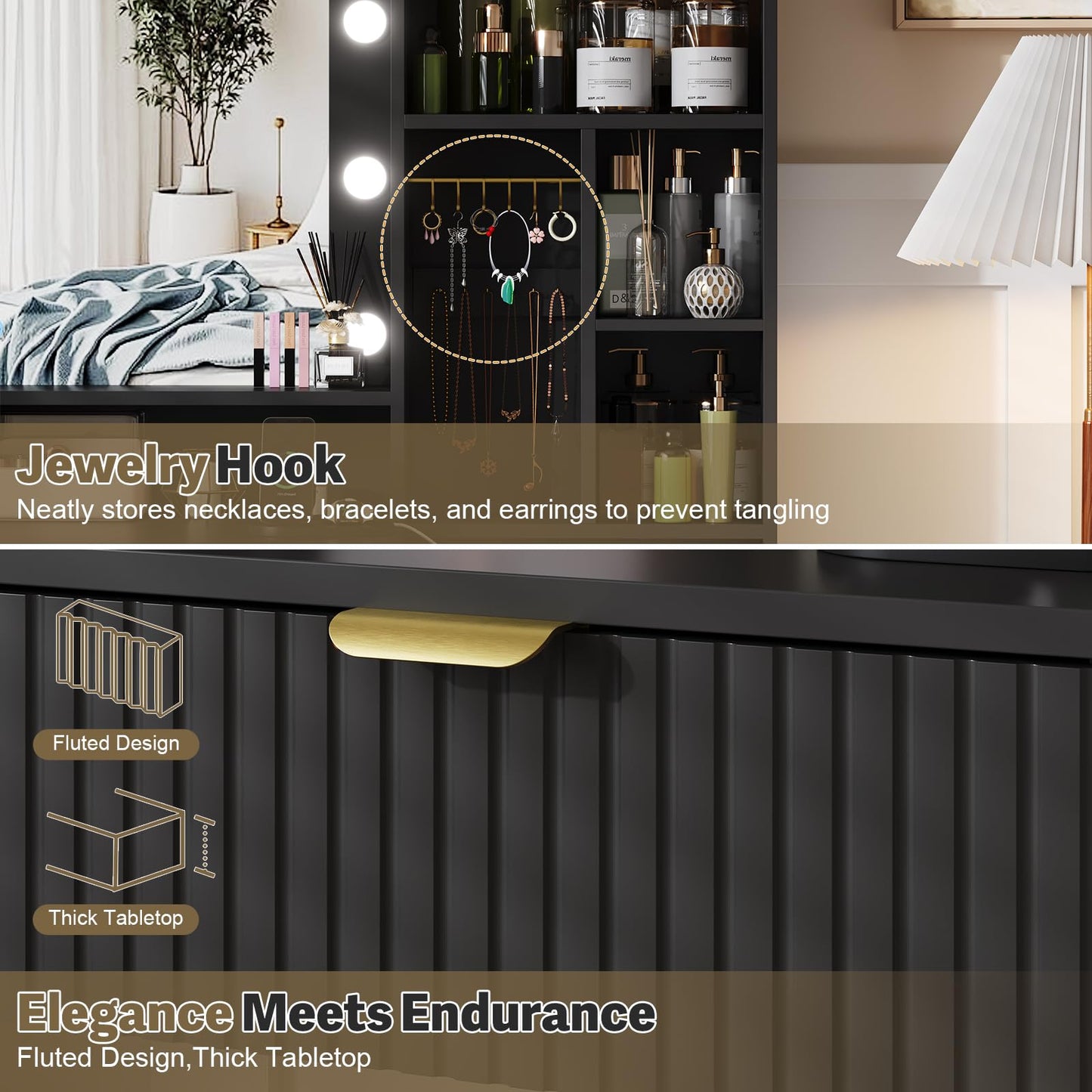 JUMMICO Dressing Table with LED Lights,Vanity Desk with Mirror and 5 Drawers,Modern Makeup Desk with Jewellery Hooks and Power Outlet for Bedroom