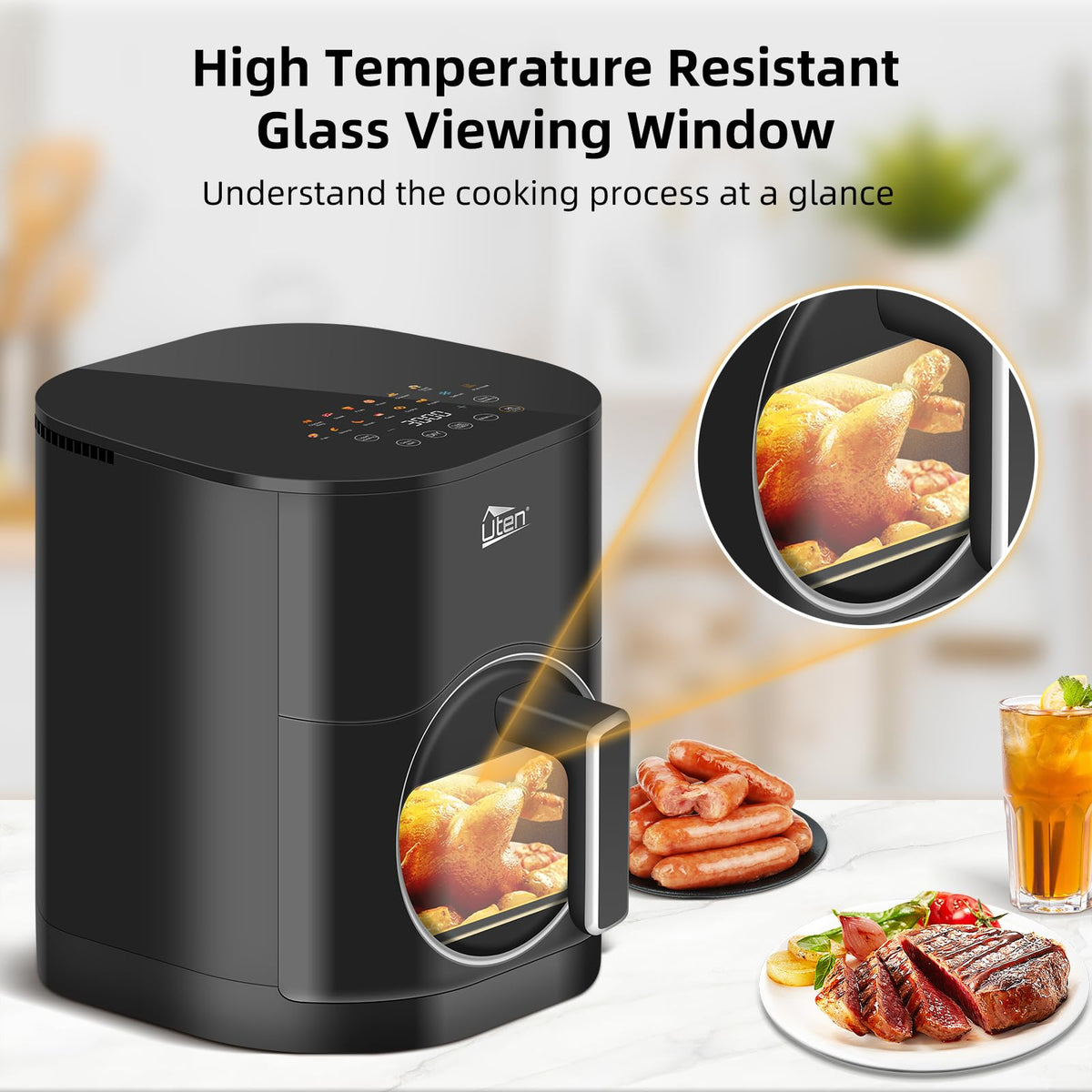 Uten Dual Blaze Air Fryer 5.5L Visual Window, Color Screen, 14 Pre Menus, Delayed Start, Stainless Oil Net, 2 Fast Heaters Independently Controllable,