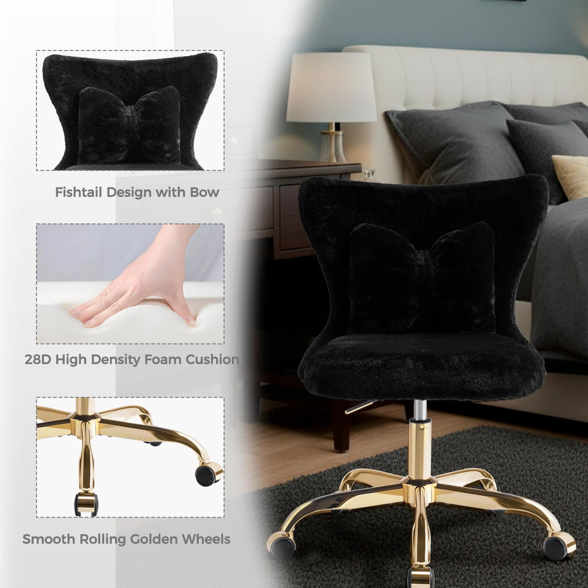 Eufurnibi Vanity Chair with Gold Wheels & Bow Pillow, Girl's Office Chair