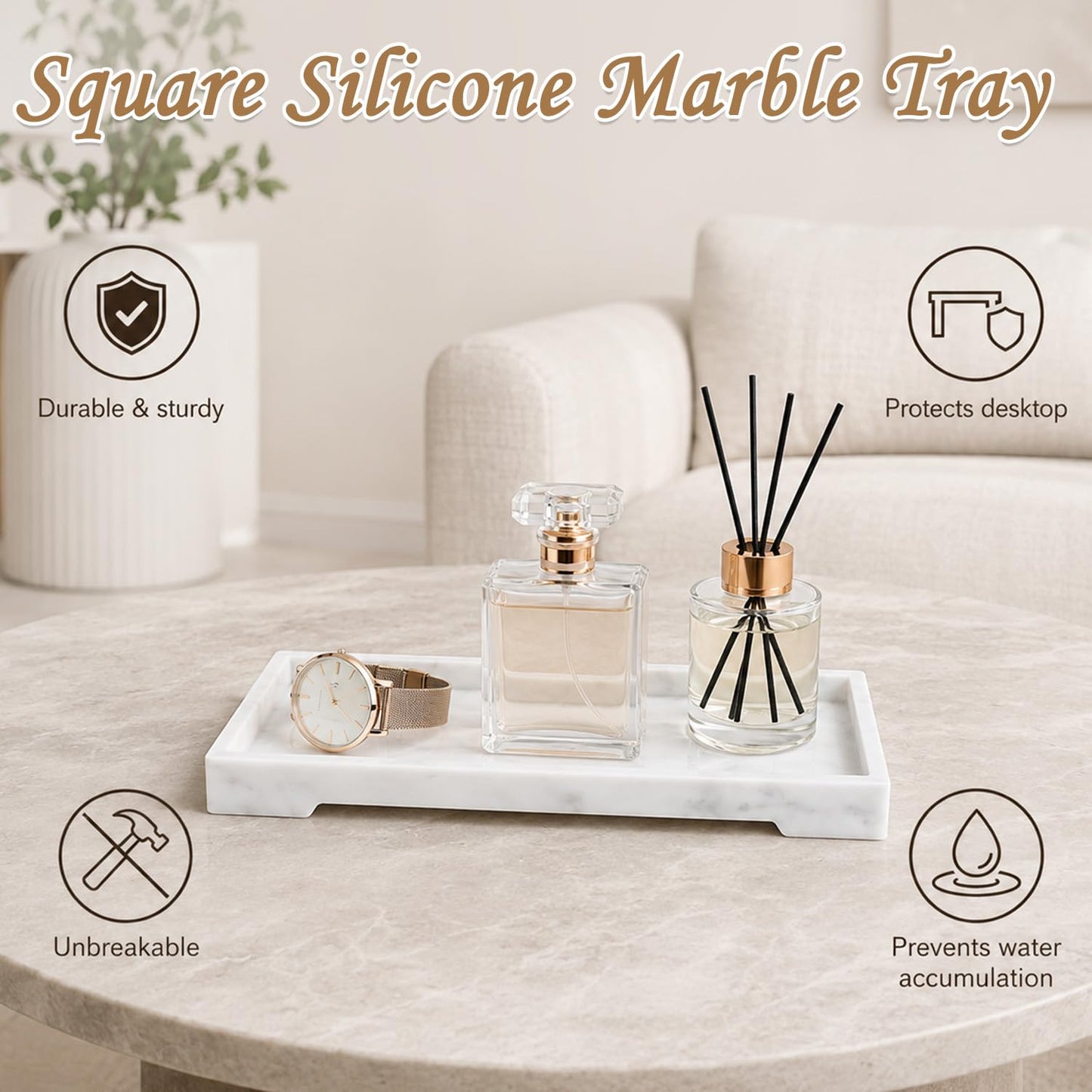 Marble Tray, Silicone Bathroom Tray, Rectangular Tray Organiser, Mold-proof, Space Saving Decorative Countertop Tays for Bathroom Vanity Kitchen