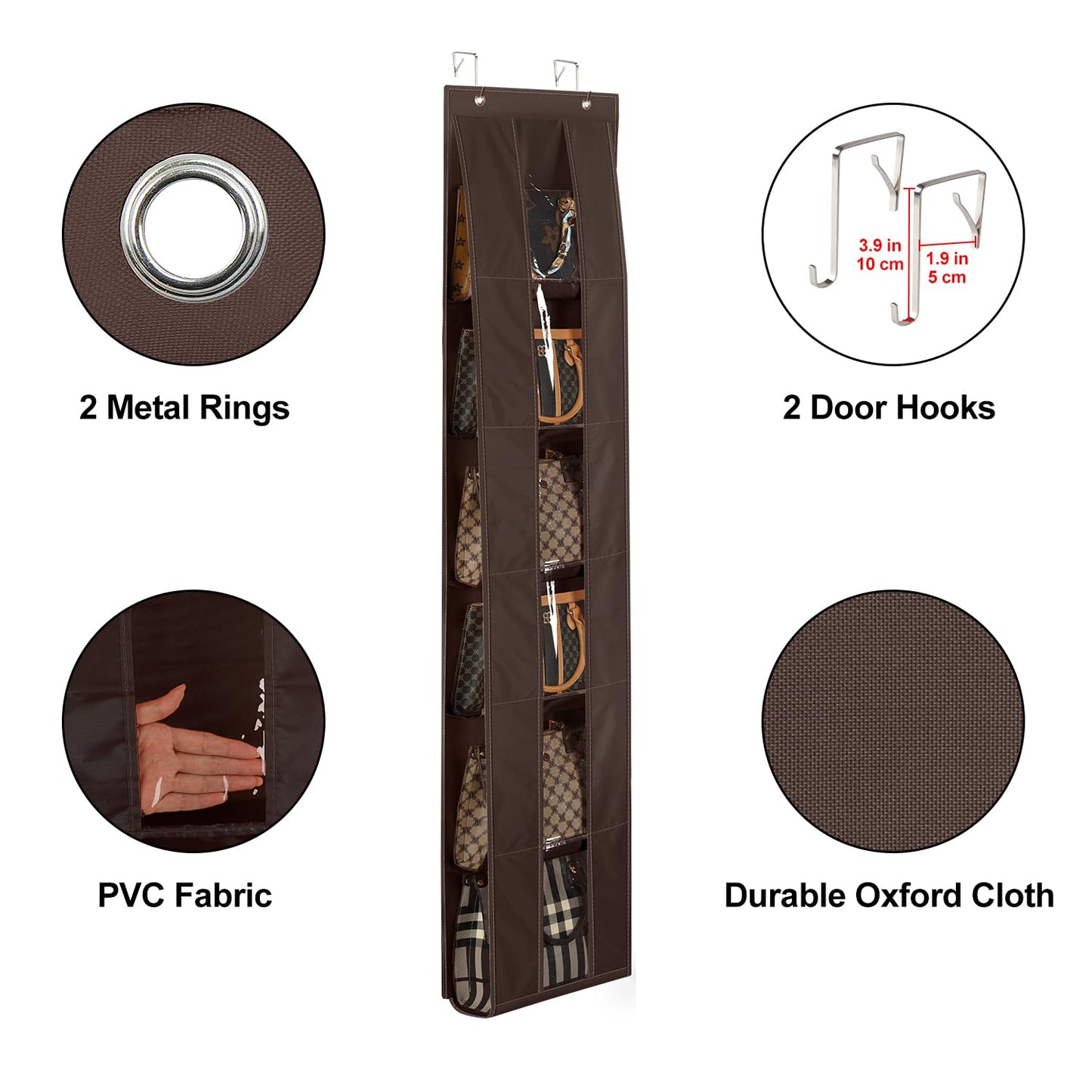 Lirex Over the Door Organizer, 2 Pack Handbag Storage with 6-Tier Space-Saving for Door or Closet, Handbag Hanger, Dark Brown