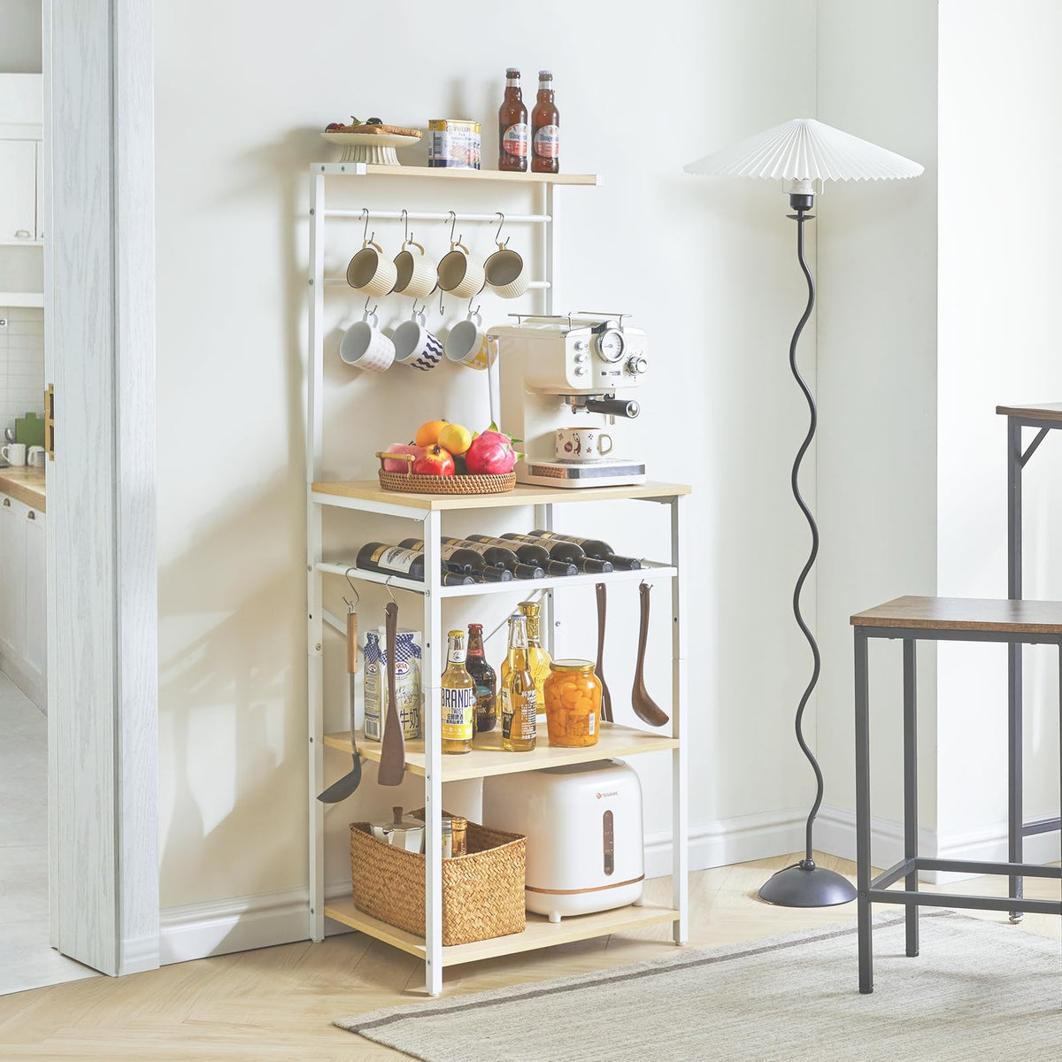 YMYNY Kitchen Baker's Rack, Microwave Oven Stand with Storage Shelves, Industrial Coffee Bar Station, with Adjustable Wine Holders and S-Hooks, Metal