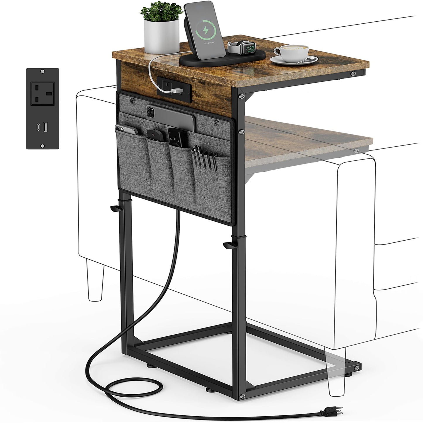 Vagusicc C-Shaped Side Table with Charging Station, Height Adjustable Sofa Side Table, Bedside Table, End Table for Small Spaces