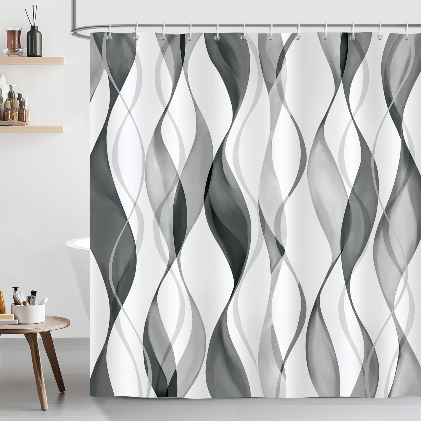 Bonhause Black Grey Striped Shower Curtain, Modern Minimalist Bathroom Curtain 180 x 180 cm Waterproof Mildew and Mould Resistant Polyester Fabric