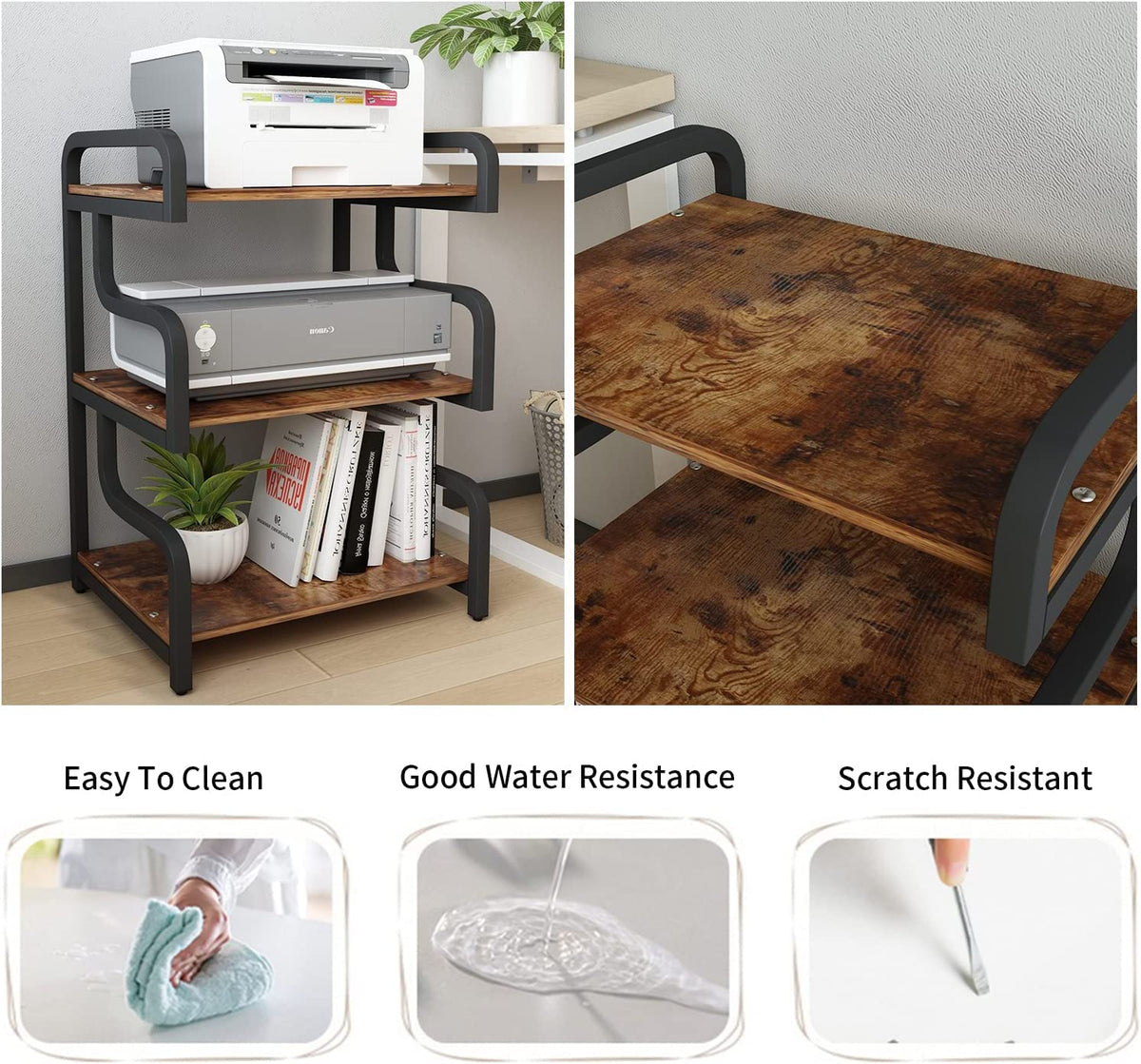 PUNCIA 3-Tier Printer Stand with Storage Movable Printer Table on Wheels Mobile Storage Cart Shelf Rack for Media Player Scanner Files Books Microwave