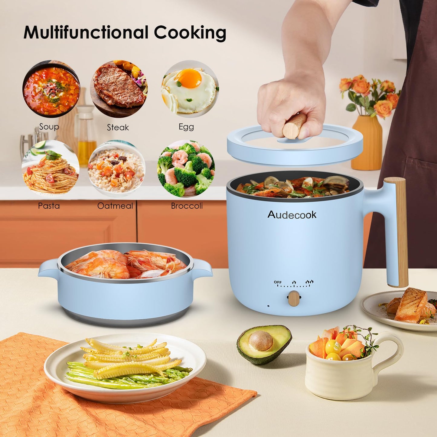Audecook Hot Pot Electric with Steamer, 1.8L Portable Mini Travel Cooker, Multifunctional Non-Stick Electric Skillet for Stir Fry/Stew/Steam, Perfect