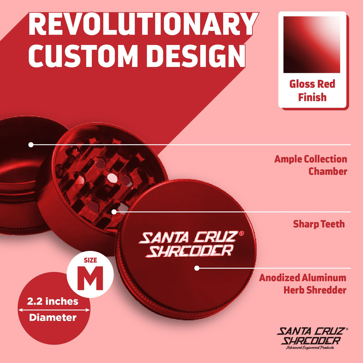 Santa Cruz Shredder Metal Herb Grinder Knurled Top for Stronger Grip 3-Piece Medium 2.2" (Red)
