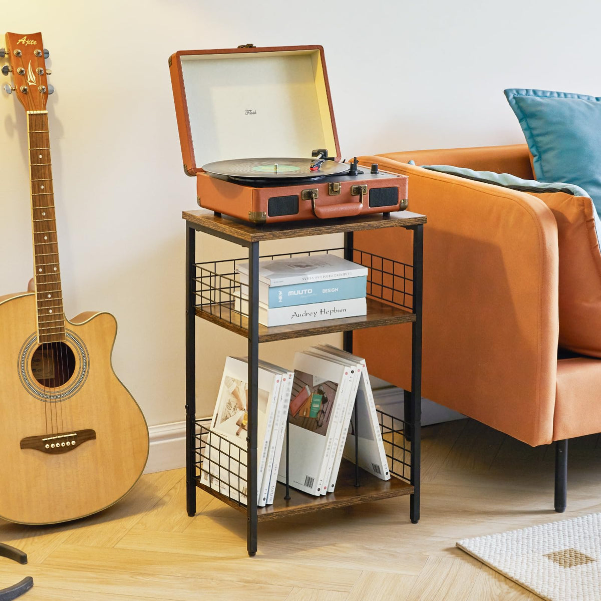 YMYNY 3 Tier End Table, Record Player Stand with Storage, Industrial Tall Side Table, Small Bookshelf, Bookcase, Display Rack, Telephone Table for