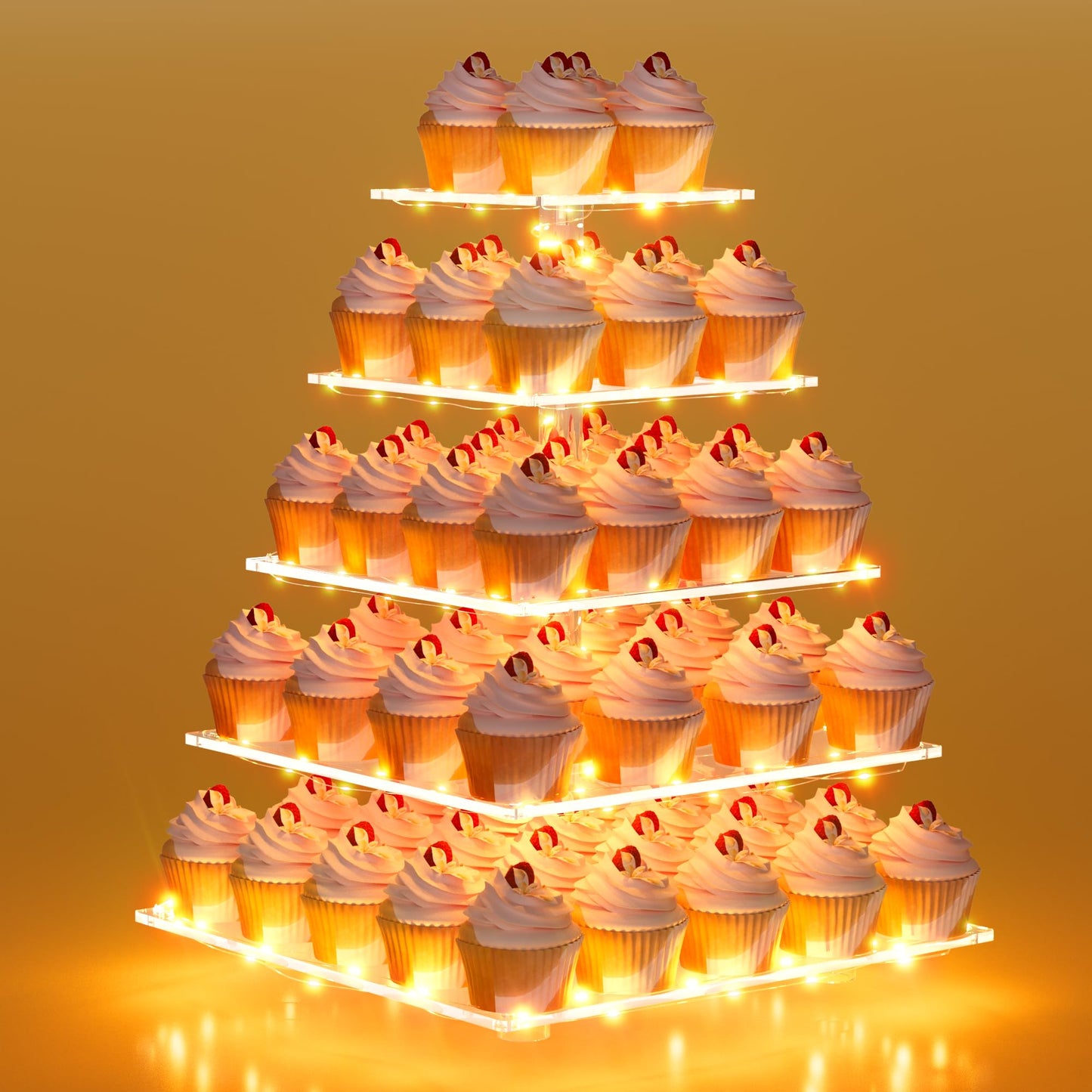 weddingwish 5 Tier Acrylic Cupcake Stand with LED Light, Clear Cupcake Stand for 50 Cupcakes, Cupcake Holder Tower Dessert Table Display Set for