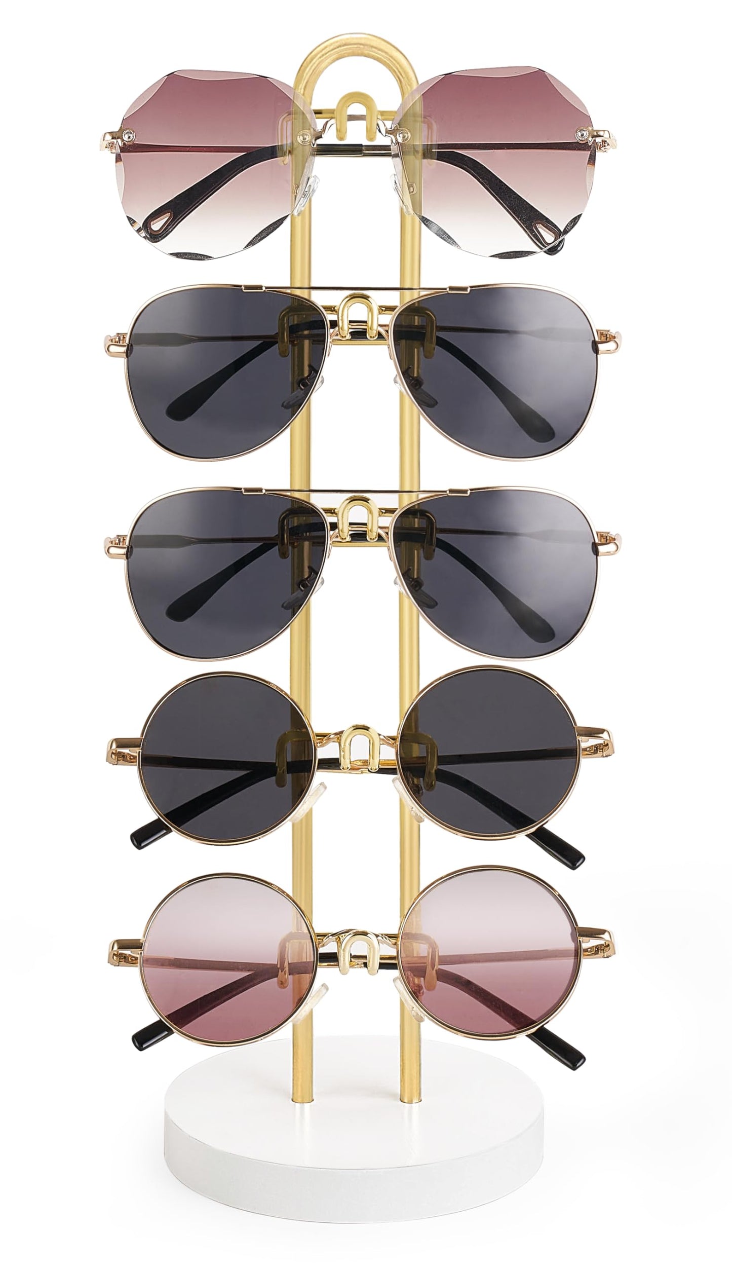 Mkono Sunglasses Organizer Glasses Holder Stand Sunglass Storage Eyeglasses Rack Metal Frame with Wood Base for 5 Pairs of Eyewear Display for Table